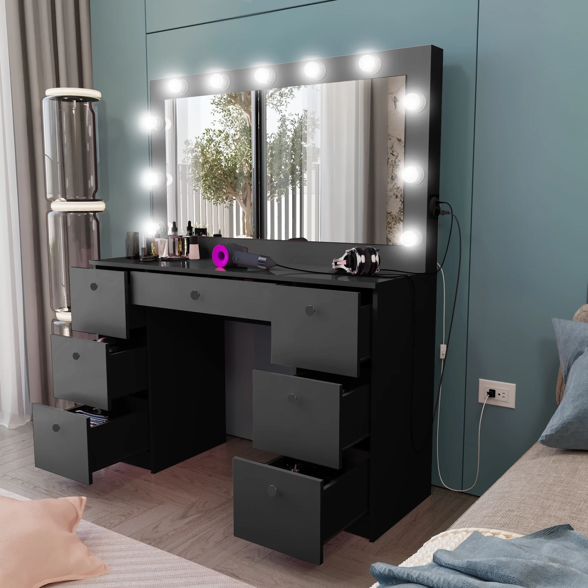 Ember Interiors Tammy Modern Black Painted Vanity Table, Lights, for Bedroom