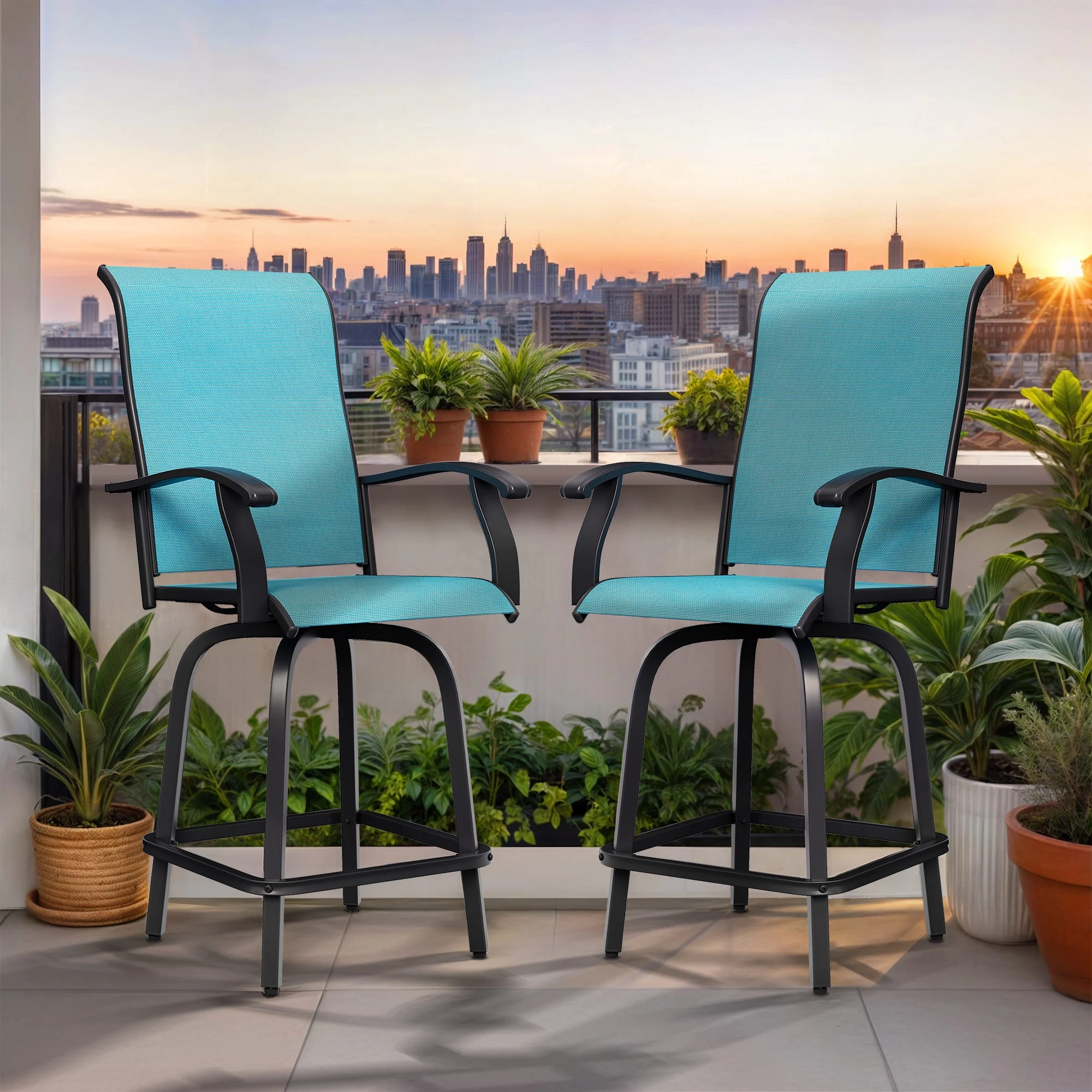 Wooflex High Back Swivel Bar Stools Set of 2, All Weather Outdoor Patio Swivel Chairs with Breathable Textilene and Metal Frame for Garden Backyard Deck, Blue