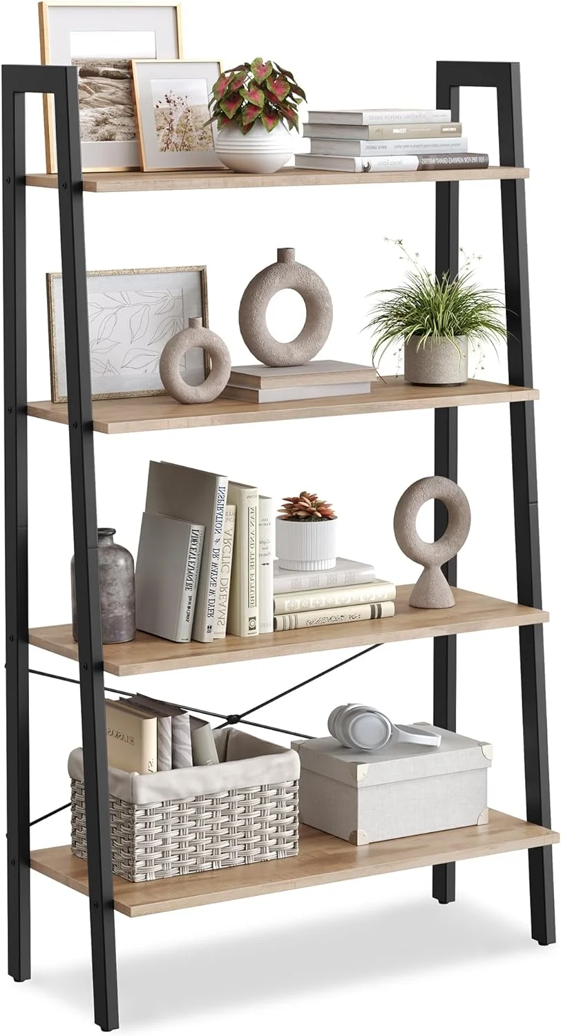 U-SHARE Ladder Shelf, 4-Tier Bookshelf, Storage Rack, Bookcase with Steel Frame, for Living Room, Home Office, Kitchen, Bedroom, Industrial Style, Camel Brown and Black ULLS144B50