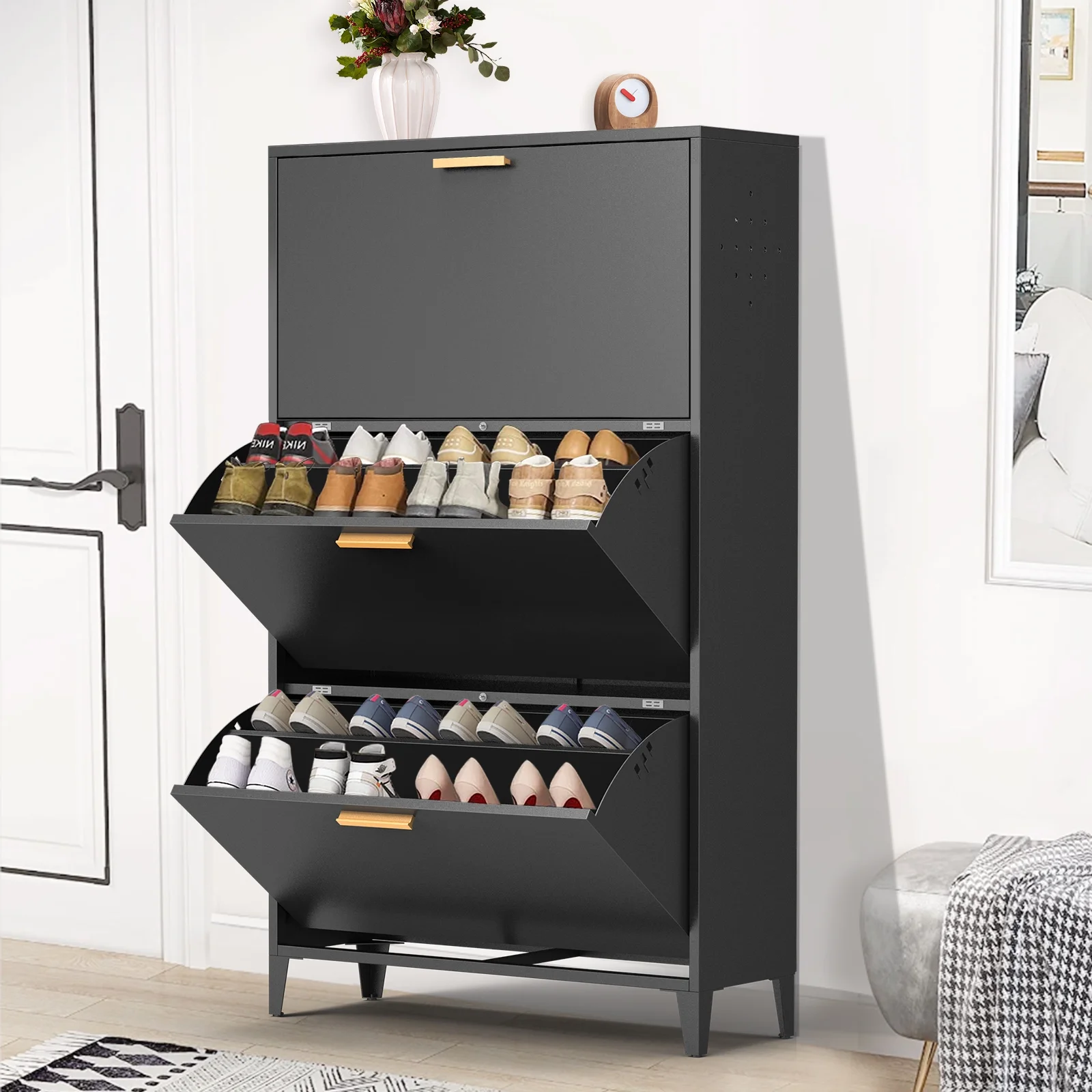 Kavey Modern Metal Shoe Cabinet with 3 Flip Drawers, Wall Mount & Floor Mount Shoe Organizer, All Steel Black Narrow Shoe Storage Cabinet for Entryway, Hallway and Corridor