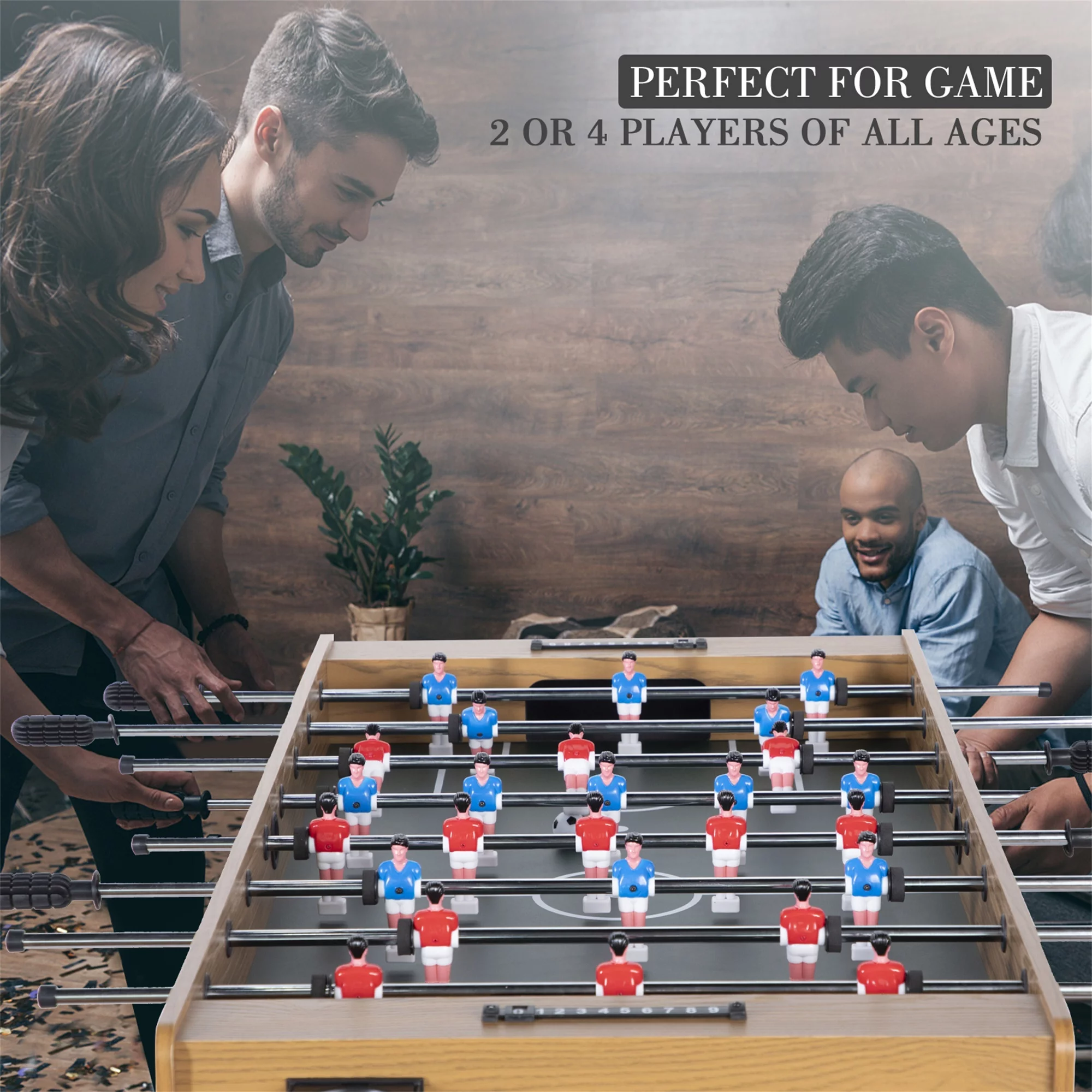 RayChee 48in Foosball Table, Competition Sized Soccer Table for Home, Game Room w/ 2 Balls, 2 Cup Holders (Wood Grain)
