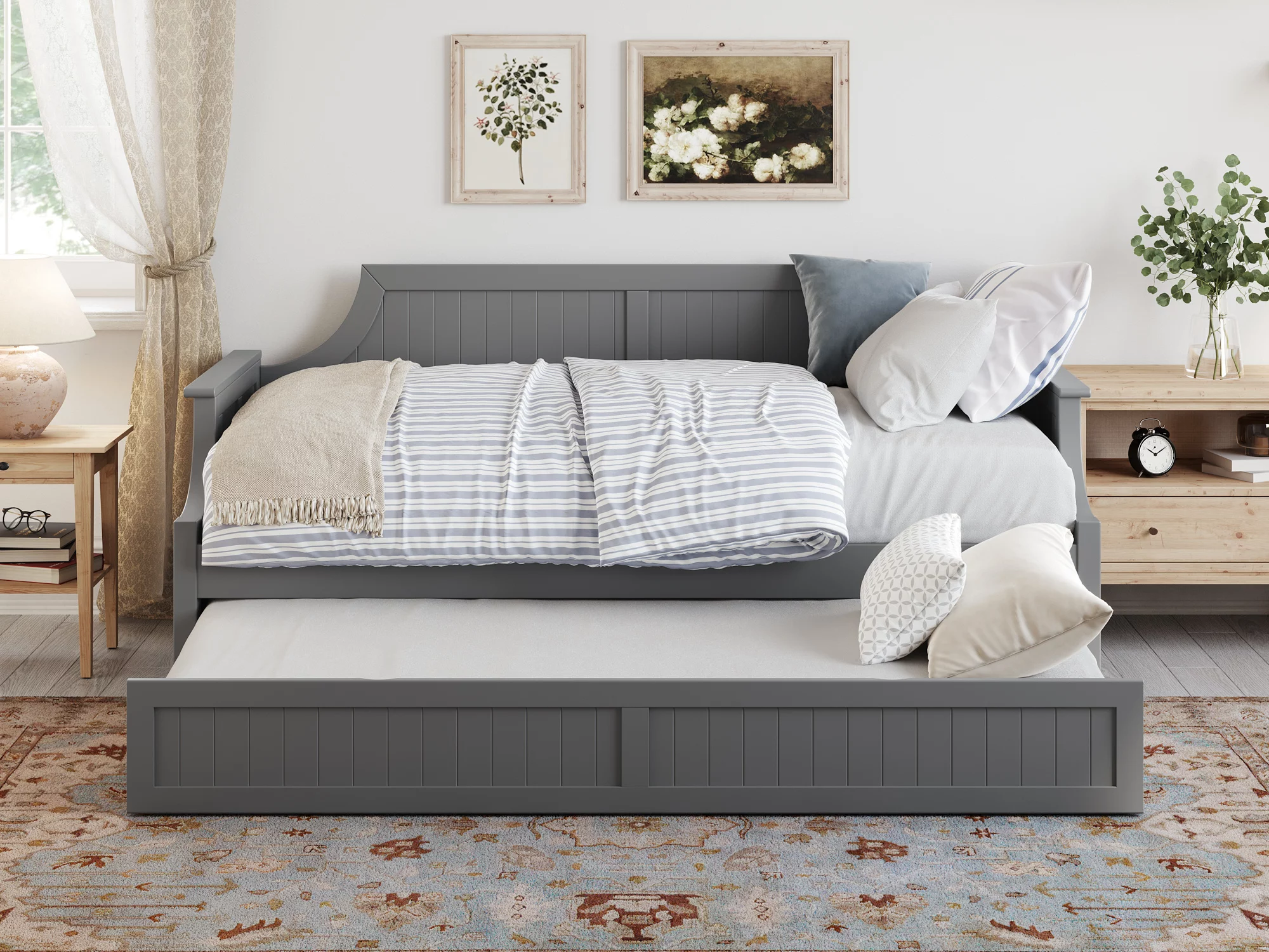 AFI Twin Daybed with Twin Trundle Roll Out Guest Bed in Solid Wood Cambridge Design, Grey