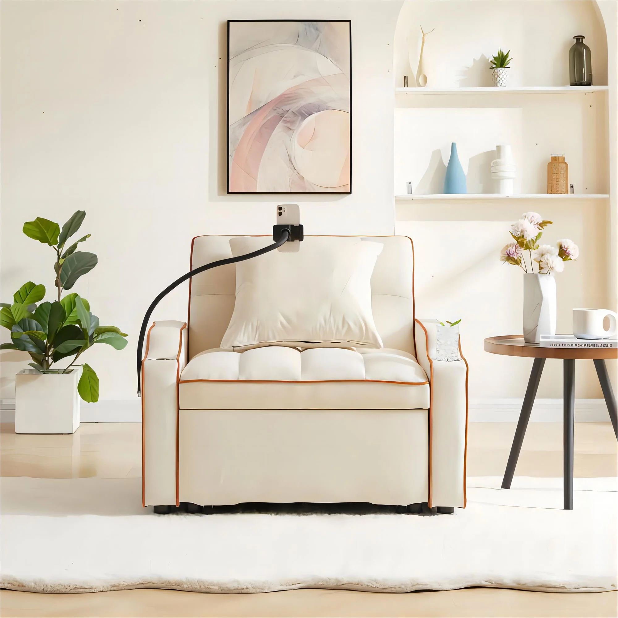 3-in-1 Convertible Pull Out Sleeper Loveseat Sofa Bed,Adjustable Lounge Recliner Futon Sofá Chair Upholstered Single-Seat Couches with Reclining Backrest,Toss Pillows&Side Pockets for Living Room