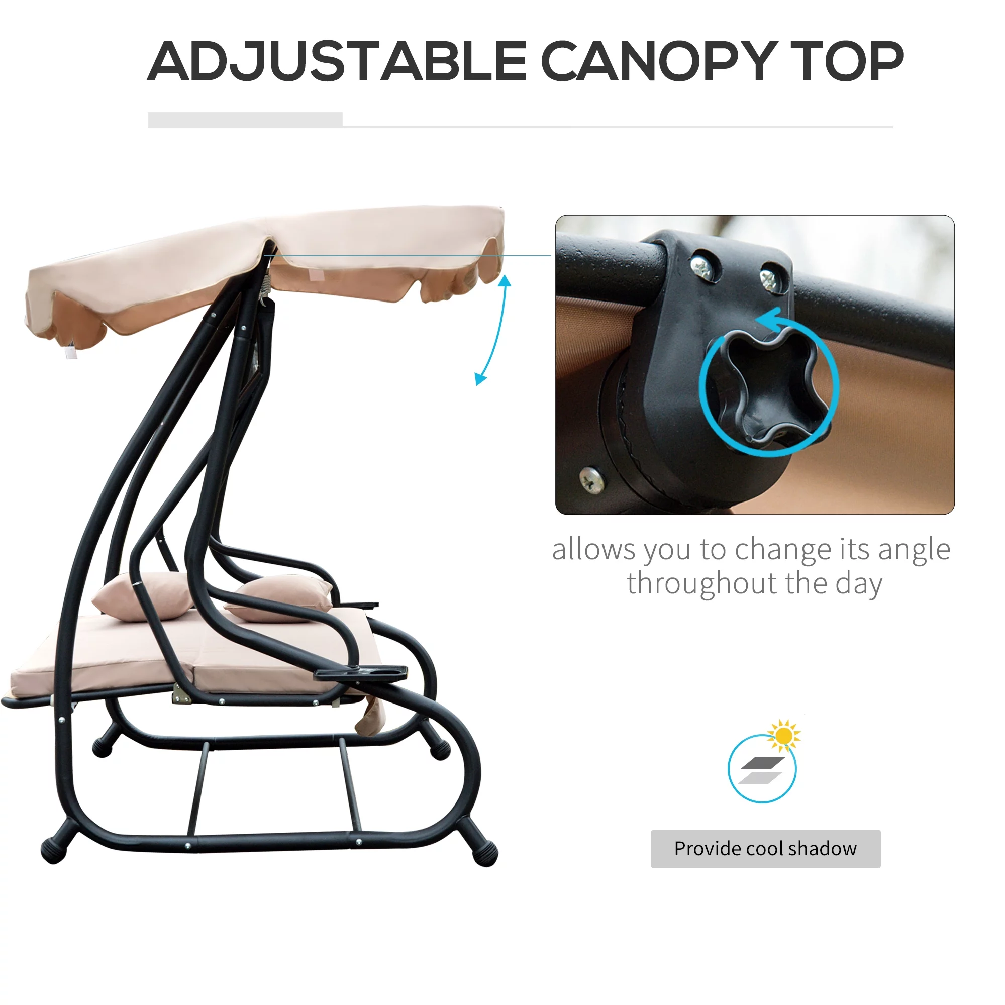 Outsunny 3-Seat Outdoor Patio Swing Chair, Converting Flatbed, Outdoor Swing Glider with Adjustable Canopy, Removable Cushion and Pillows, for Porch, Garden, Poolside, Backyard, Light Brown