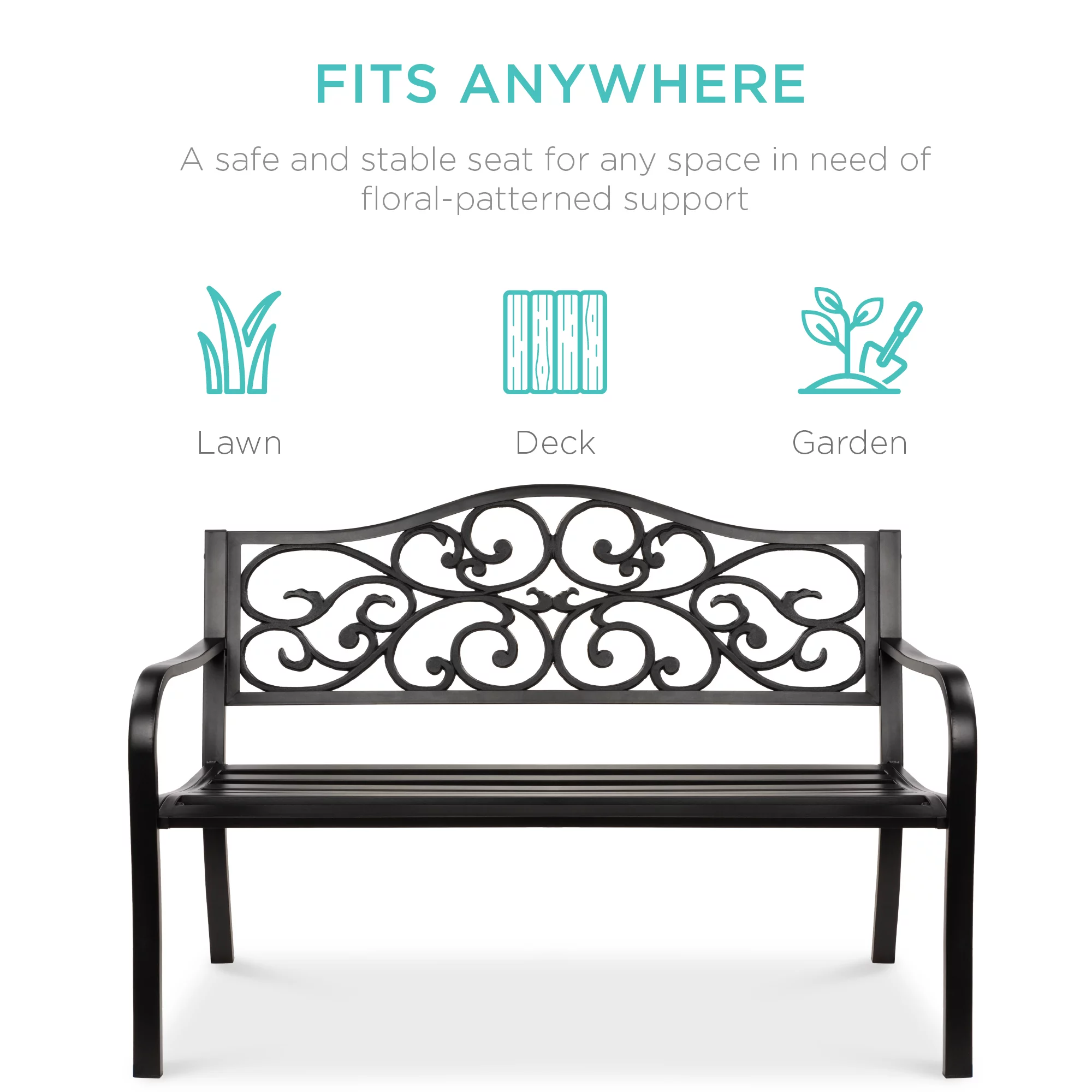 Best Choice Products 50in Classic Steel Patio Garden Bench for Yard, Porch w/ Decorative Floral Scroll Design - Black