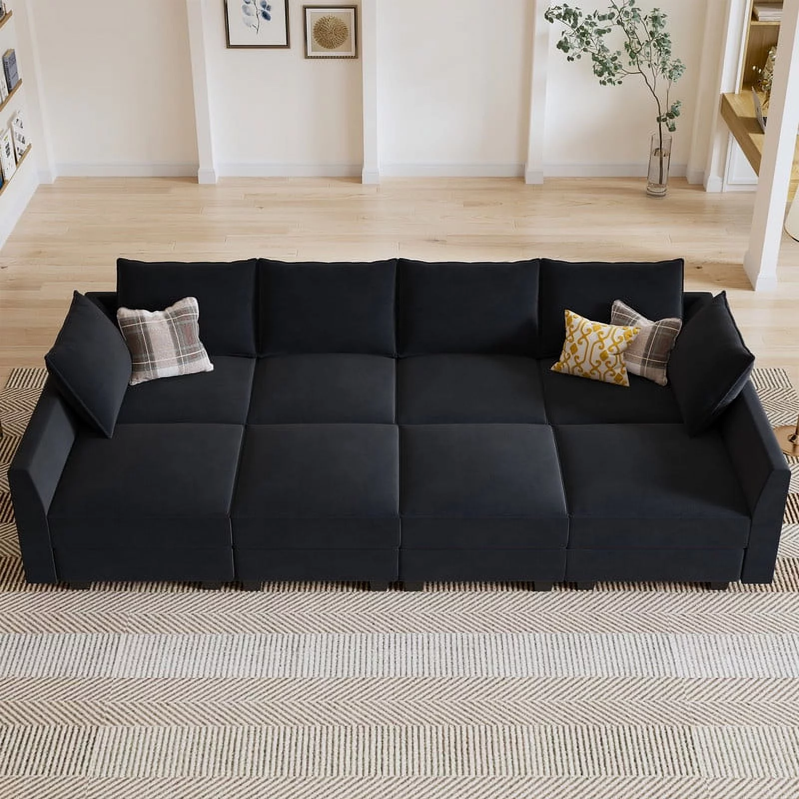 HONBAY Modern Upholstered Sofa Couch Bed with Movable Storage Ottoman for Apartment, Black