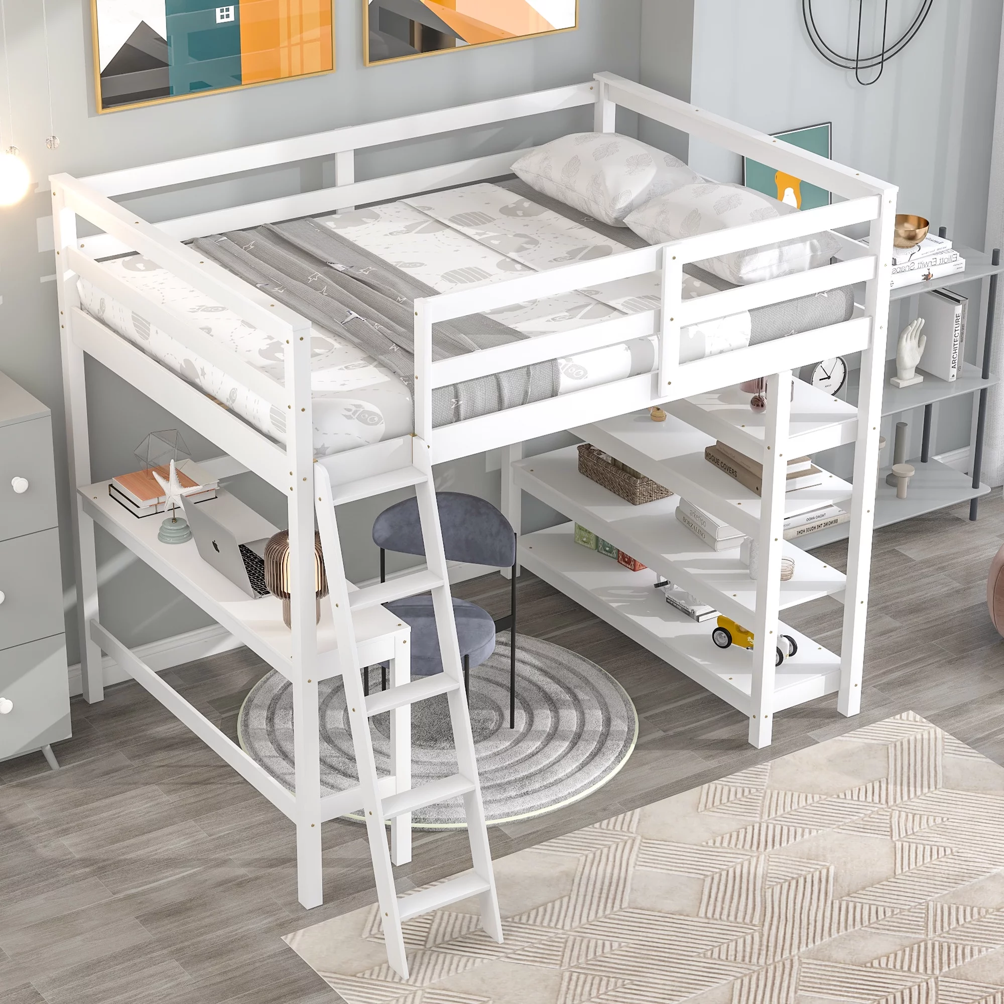 Dcenta Loft Bed Full with desk,ladder,shelves , White,Overall Product Dimension:79.5”x59.1”x68.1”