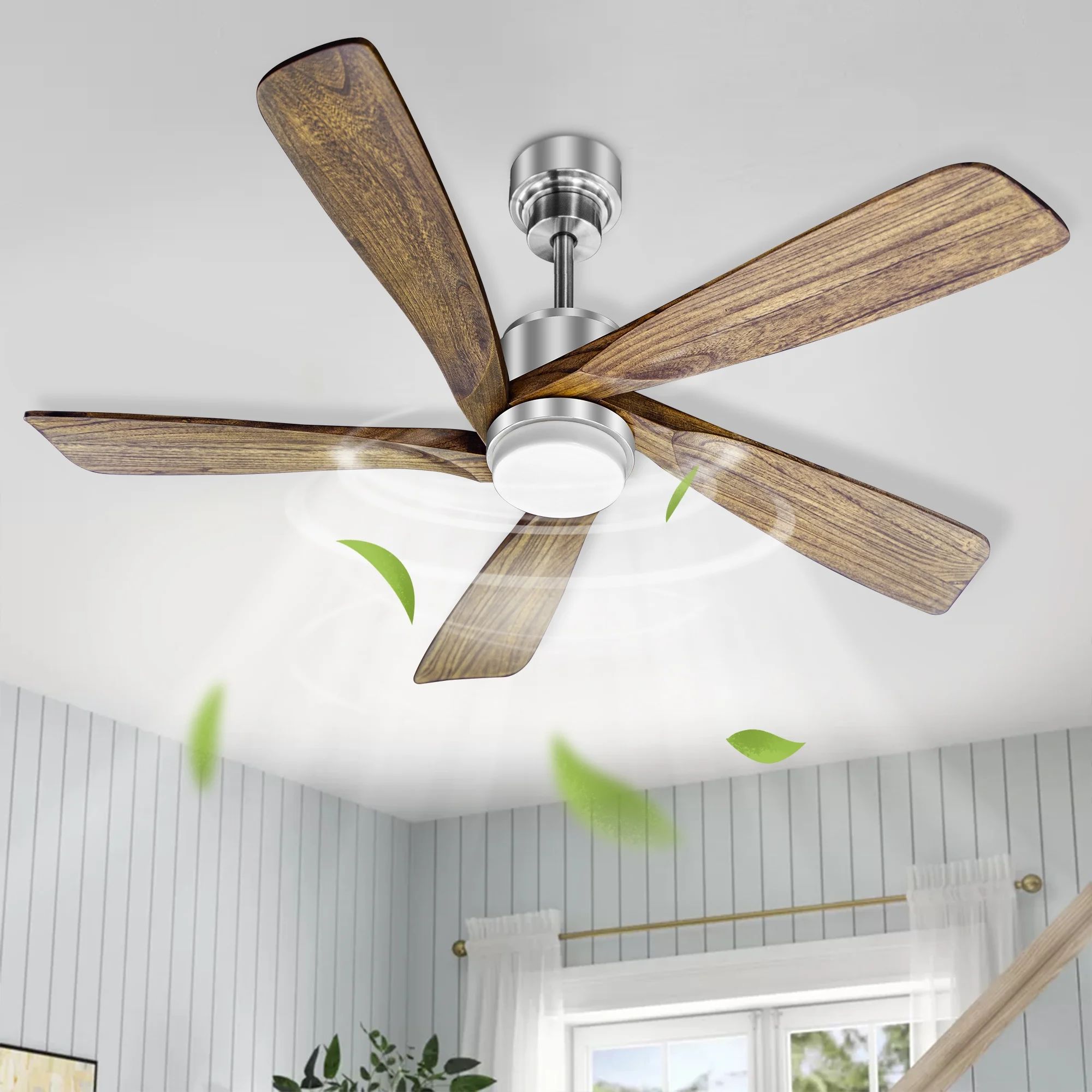 52 Inch Ceiling Fan with Remote Control, Outdoor/Indoor Wood Ceiling Fans with 6 Speeds Reversible DC Motor, Silver with 5 Blades