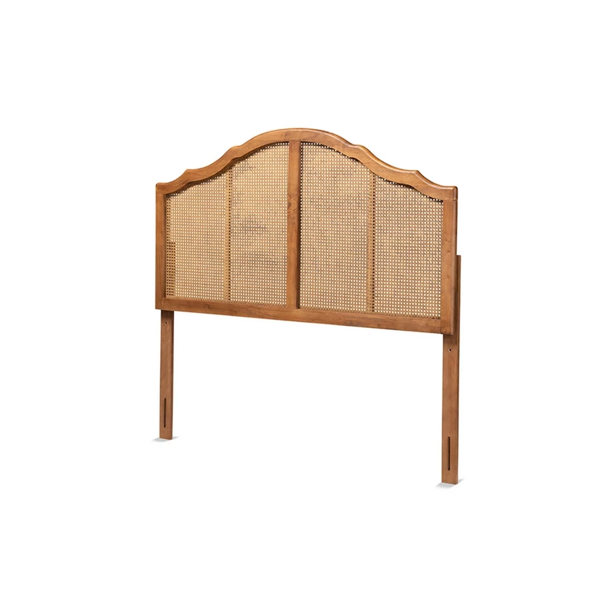 Traditional Ash Walnut Finished Wood and Synthetic Rattan Queen Size Arched Headboard, Ash Walnut