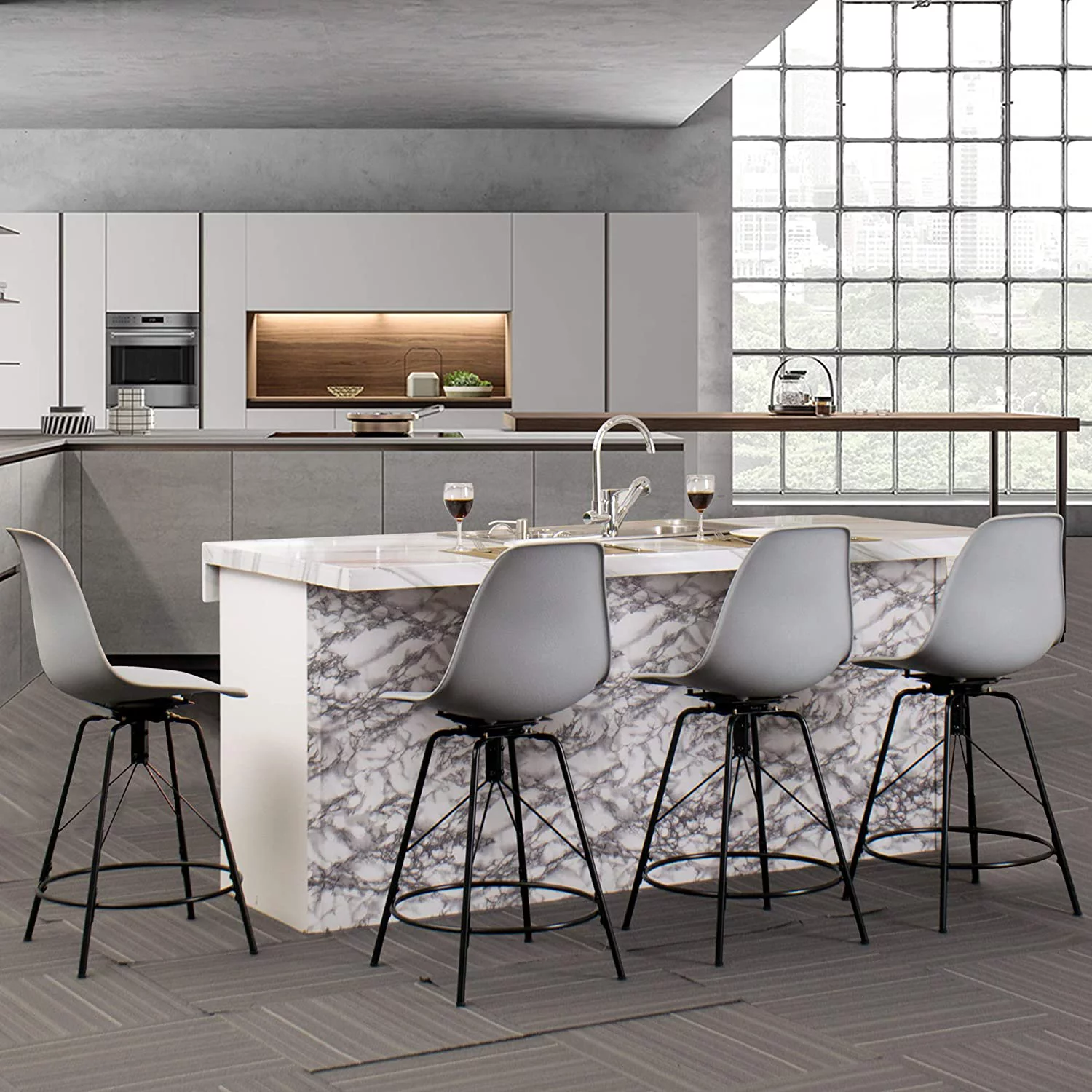 U-ToBe  30inch Mid Century Swivel Barstools Set of 4 with Back, Modern Counter Bar Height Stools Armless Bar Chairs Side Chair-White