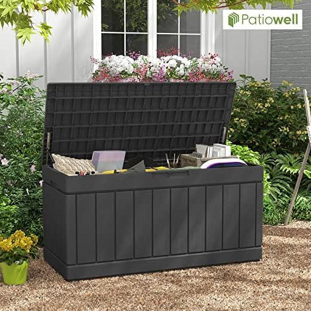Patiowell 82 Gallon Resin Deck Box, Waterproof Large Wood Look Storage Box for Patio Furniture, Pool Accessories, Toys, Garden Tools and Sports Equipment, Lockable, Black