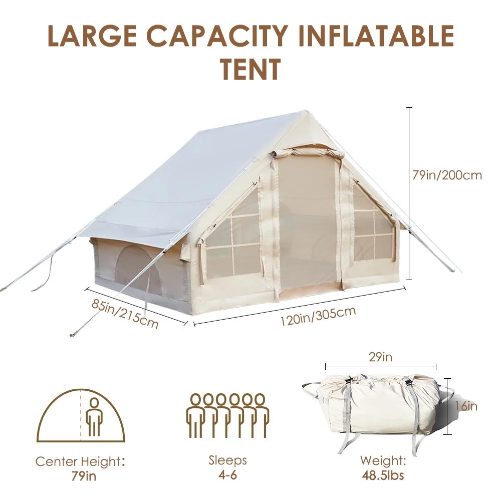 Inflatable Tent House Air Tent Large Glamping Tent with Pump Easy Setup Waterproof Outdoor Oxford Air Tent 4 Seasons Windproof Tents for Family Camping for 4-6 Persons