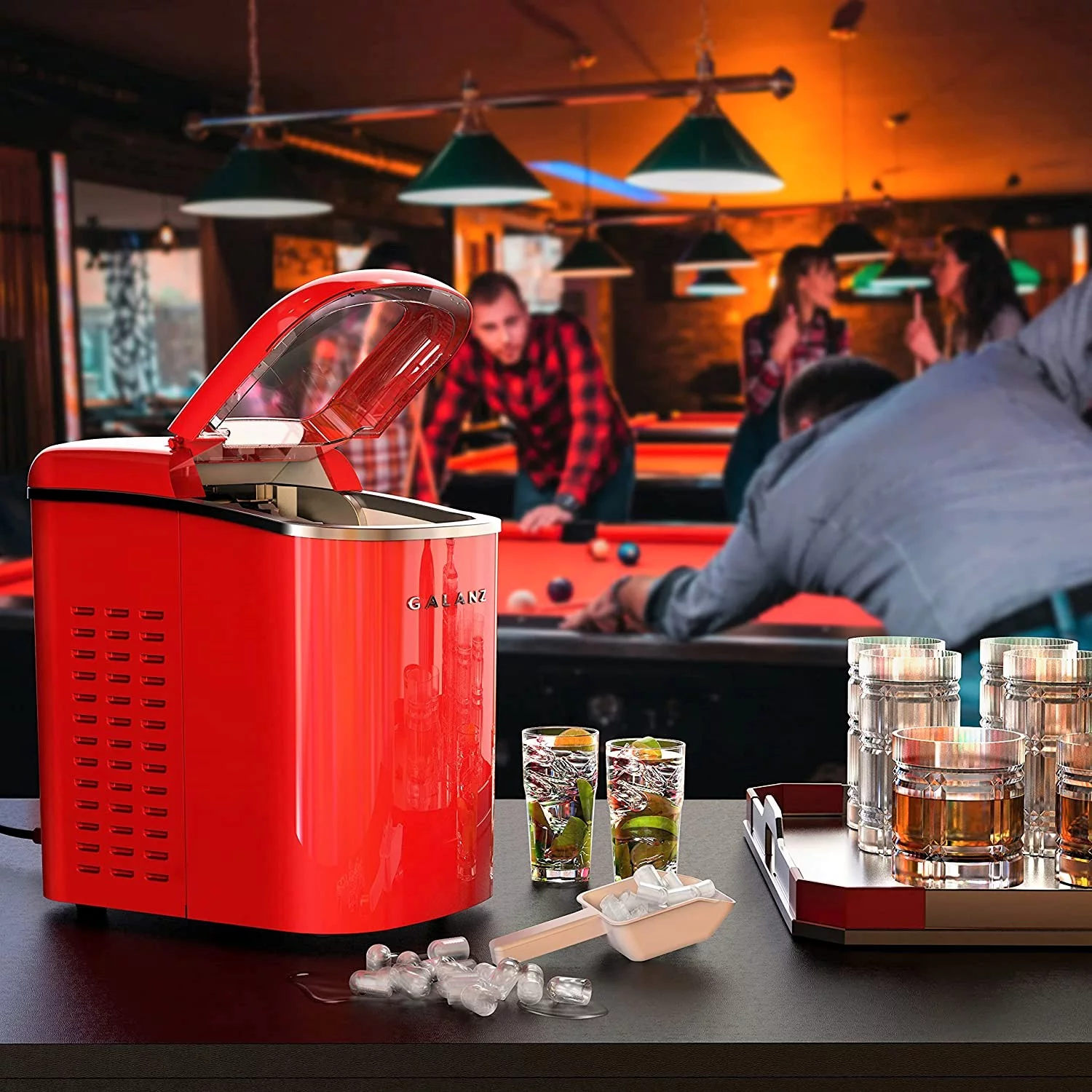Galanz Portable Countertop Electric Maker Machine 26 lbs in 24 Hours, 9 Bullet Shaped Cubes Ready in 9 Minutes, 2 Ice Sizes, Perfect for Parties & Home Bar, 2.1 L, Retro Red