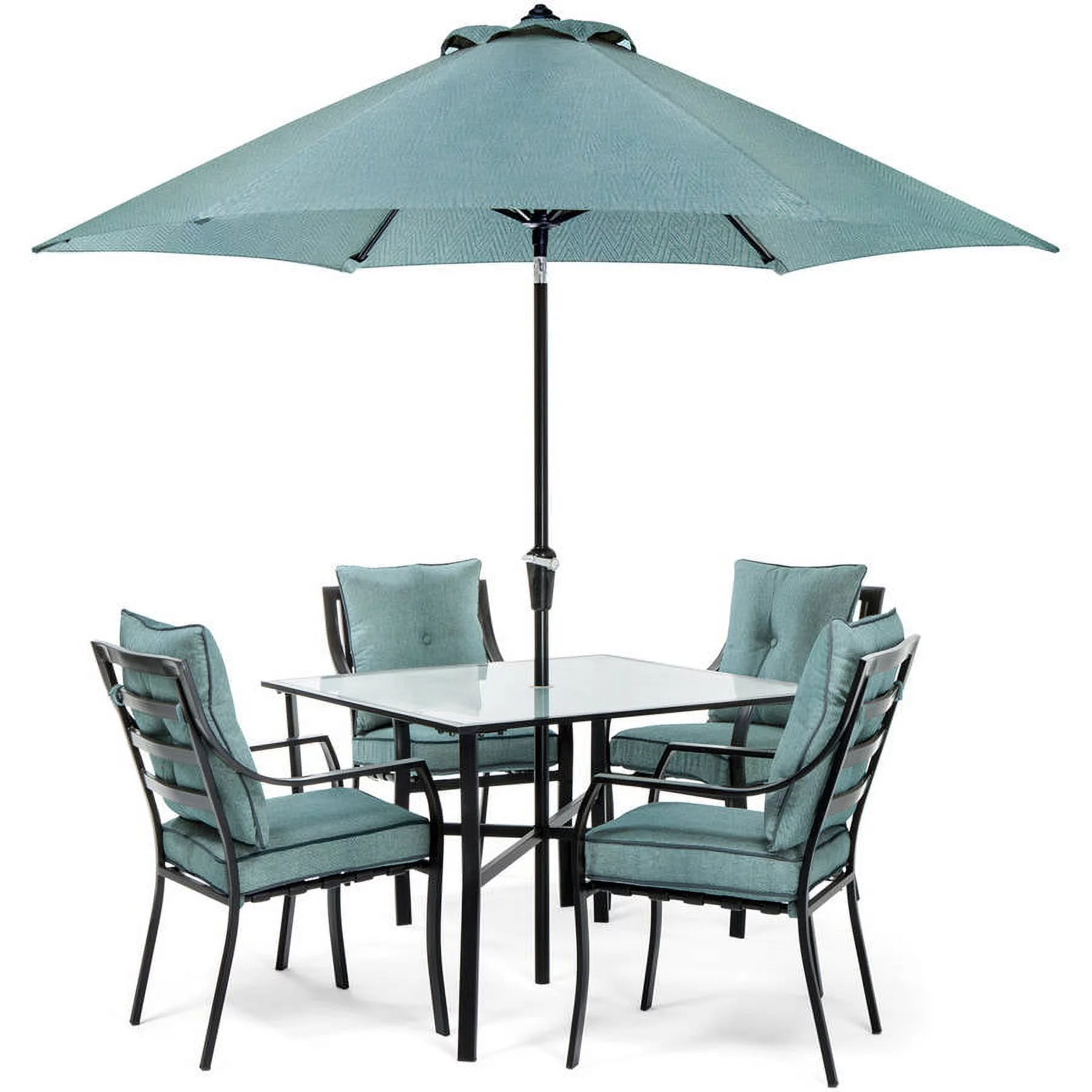 Hanover Lavallette 5-Piece Modern Outdoor Steel Dining Set with Umbrella, Ocean Blue