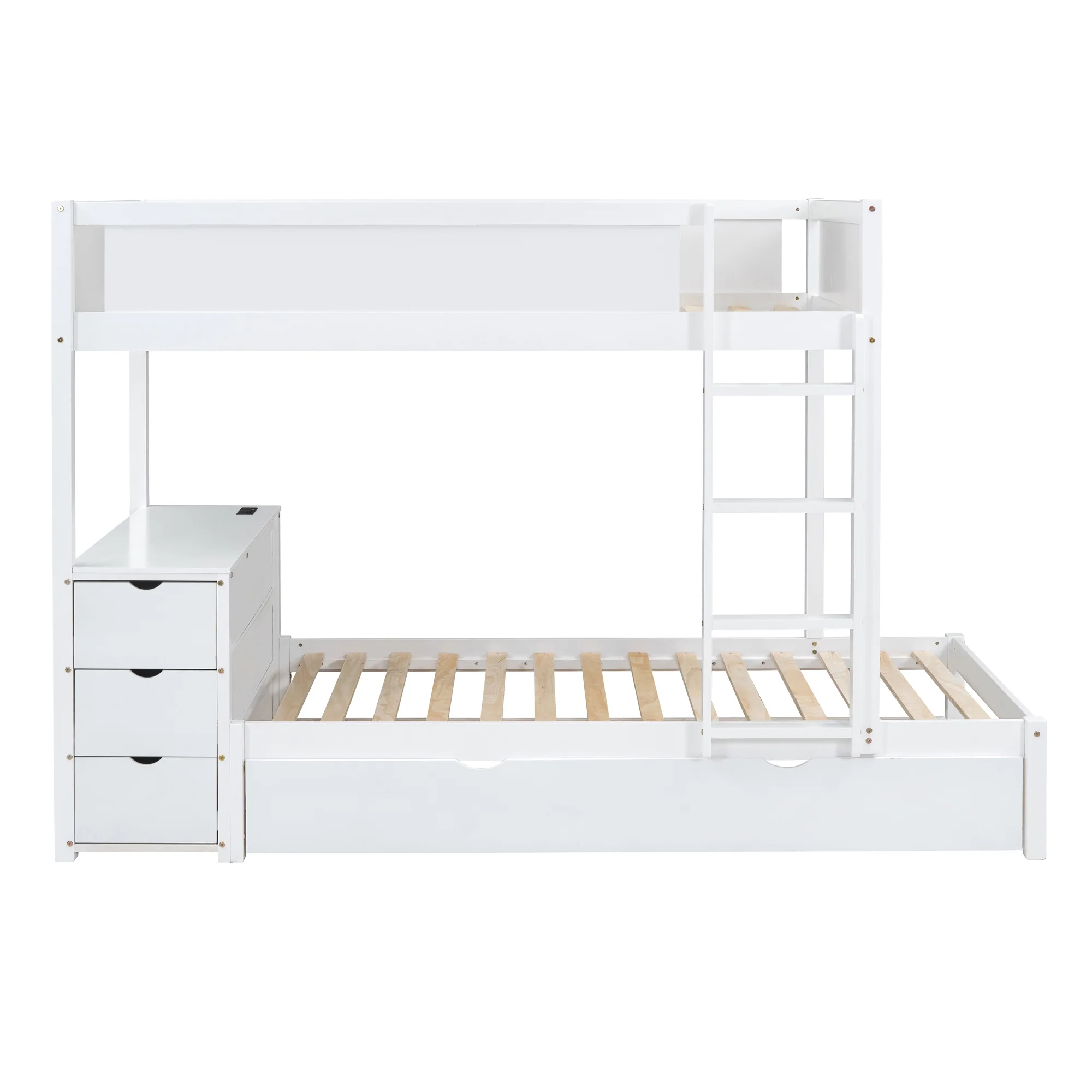 Churanty Twin Over Twin Bunk Bed with Trundle and Desk, Solid Wood Bunk Bed Frame with Storage Drawers and shelves for Kids Girls Boys Bedroom,White