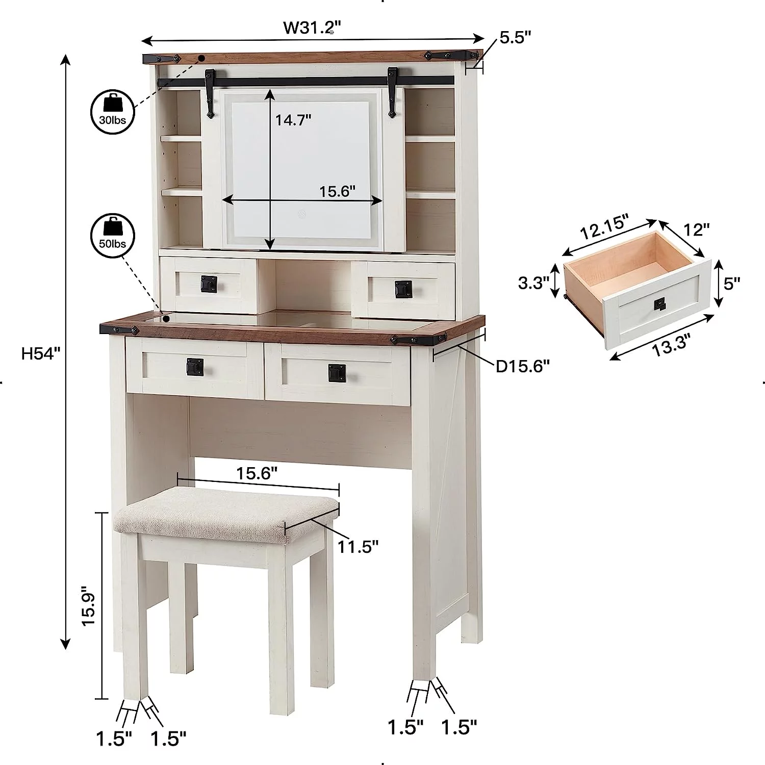 OKD Farmhouse Rustic Vanity Set with Sliding Mirror and Lights, Makeup Vanity Table Desk for Bedroom, 4 Drawers and Adjustable Shelves, White