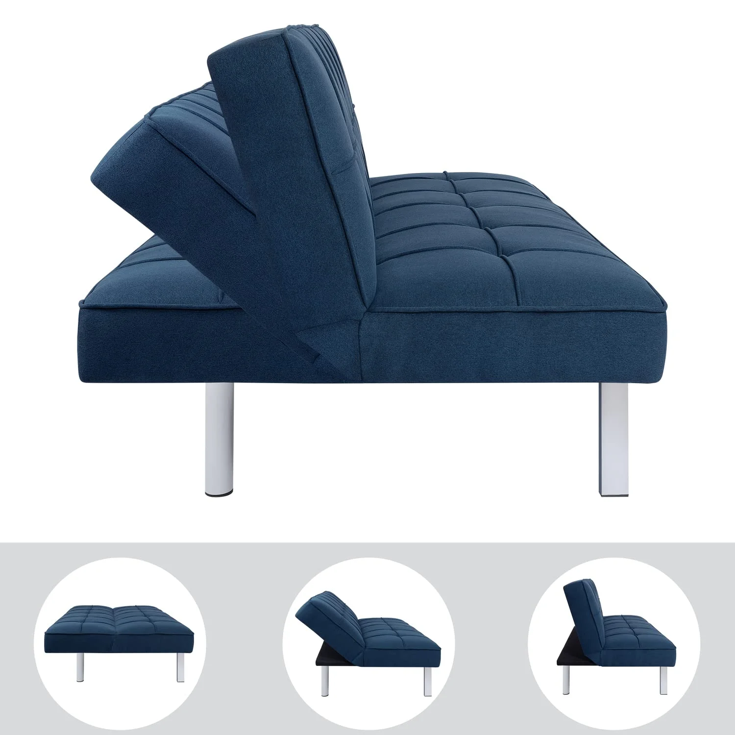 Naomi Home Modern Futon Sofa Bed, Navy Blue, Tufted, Convertible, Linen Fabric, 750 lbs Weight Capacity