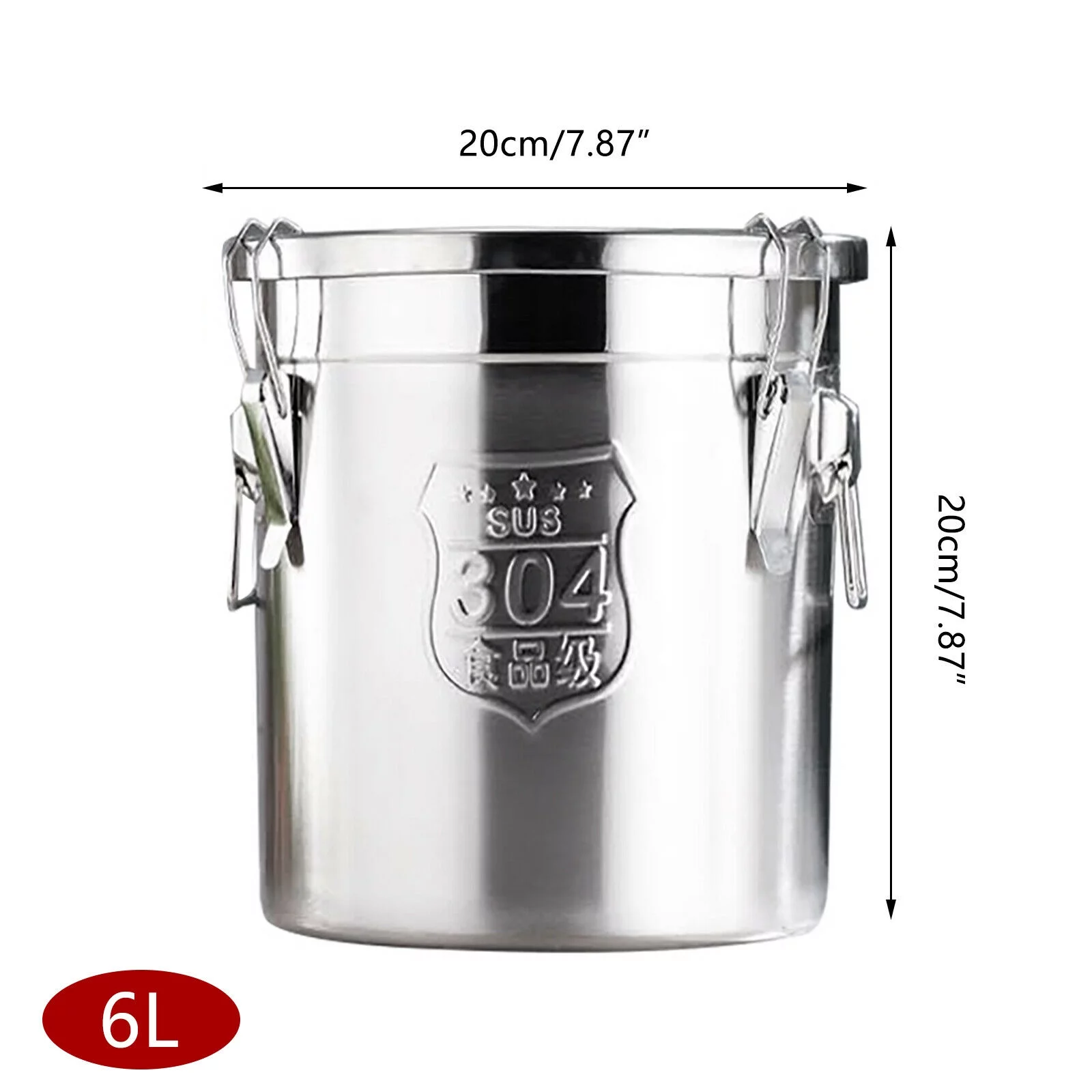 Silver 6L Household Stainless Food Barrel Bucket Dry Food Storage Container with Lid
