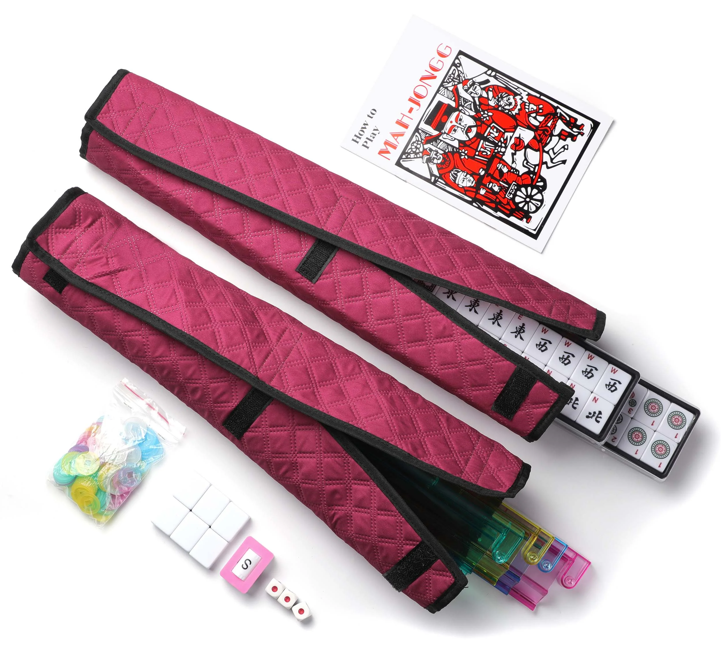 American Mahjong Game Set - Red (Burgundy) Quilted Soft Bag - 166 White Engraved Tiles, 4 All-in-One Rack/Pushers Complete Western Mah-Jongg, Maj Jongg, Ma Jong Set