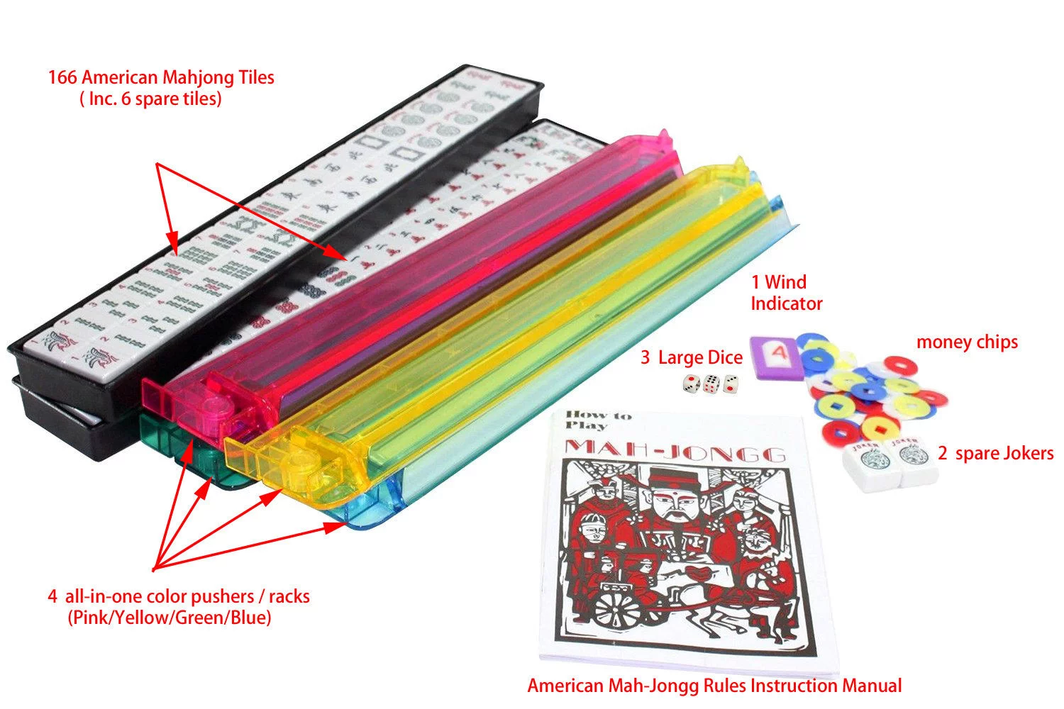 166 Tiles American Mahjong Set Blue Phoenix Soft Bag 4 Color Pusher Racks