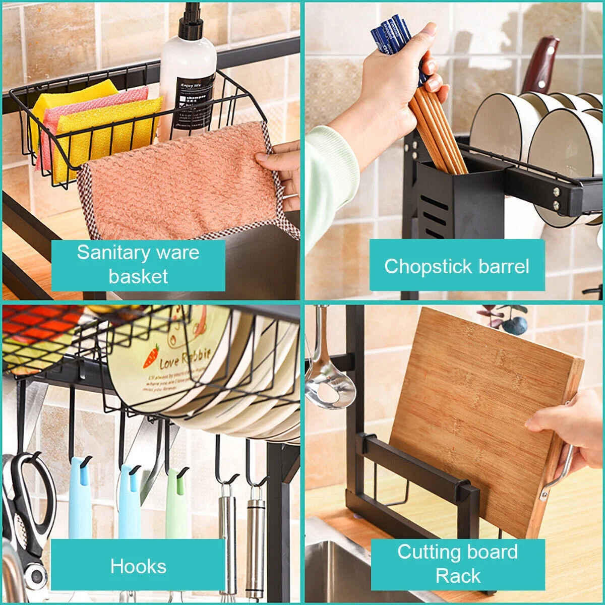 Dish Self Over the Sink Dish Racks for Kitchen Counter 2 Tier Full Stainless Steel Over Sinks Dry Rack , Multifunctional Over Sinks Shelf , Over Sinks Dish Drying Rack ,Black (Single Sink-85CM)