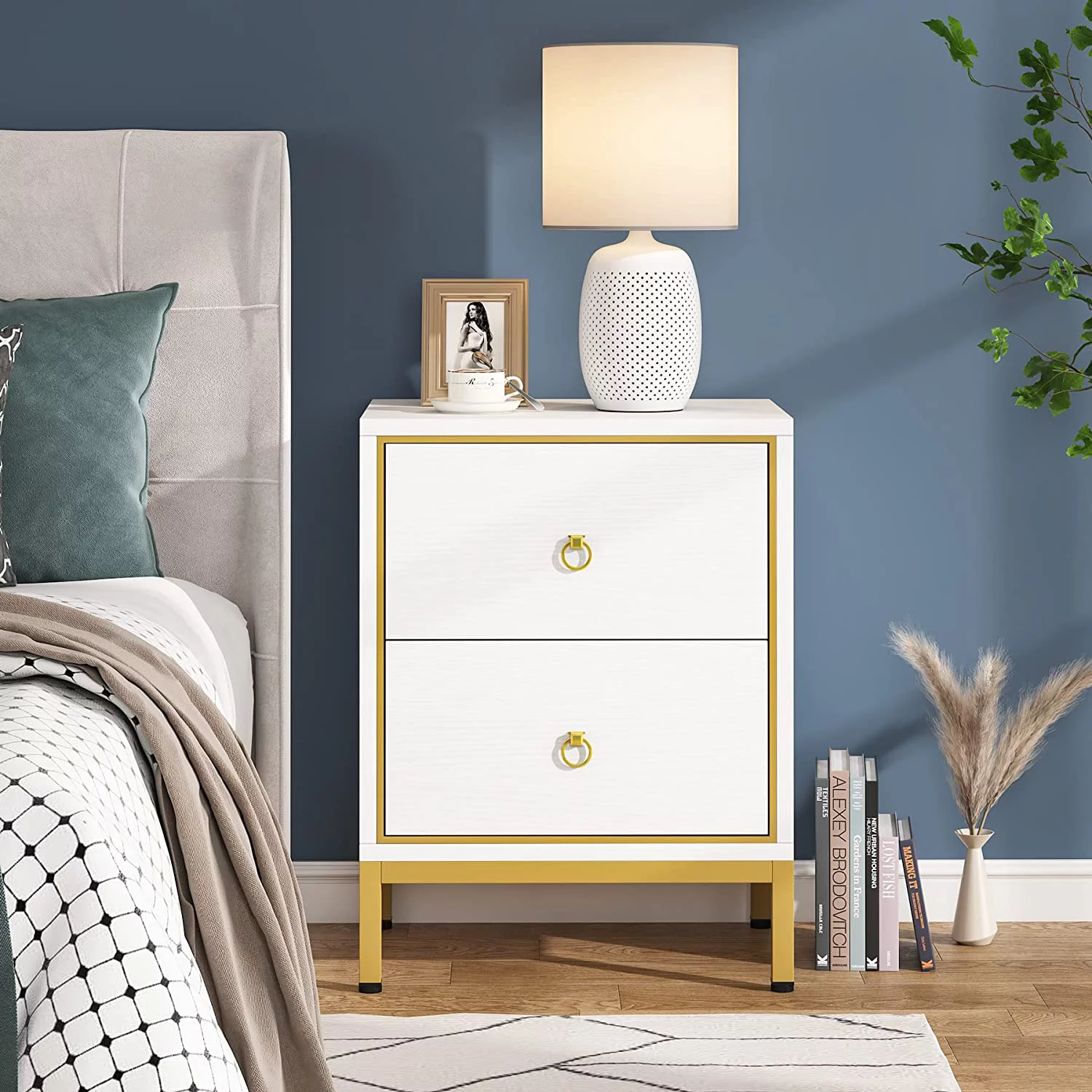Tribesigns Nightstand with 2 Drawers, White &Gold End Table with Storage, Tall Night Stands Bedside Table for bedrooms, Modern Wood Bedside Furniture with Metal Frame for Bedroom, Living Room