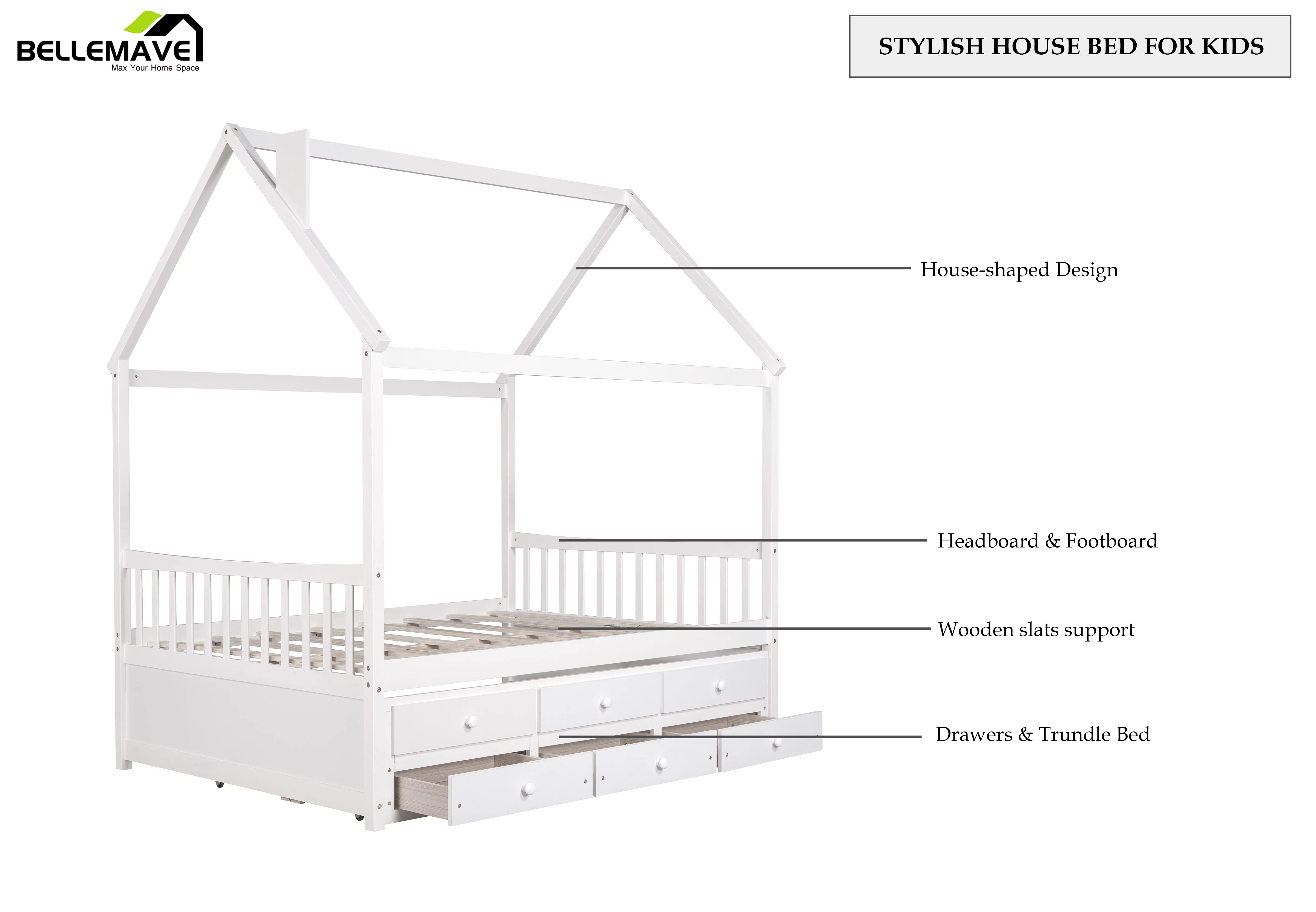 Bellemave Kids House Bed with Trundle and Drawers Full Size Platform Bed with Storage Playhouse Design Wooden Bed Frame With Roof and Headboard for Boys Girls Teens, White