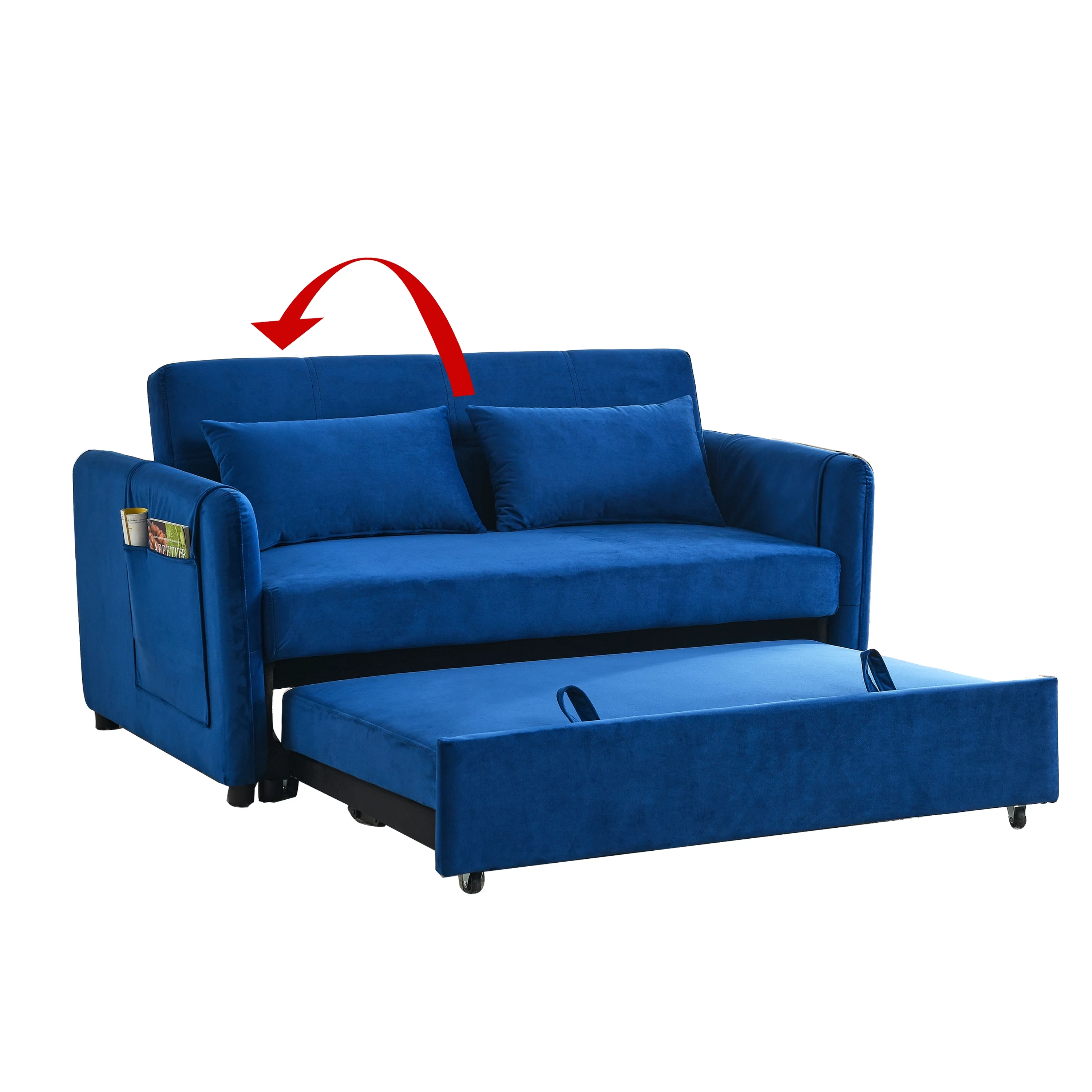 Modern Velvet Pull Out Convertible Sleeper Sofa Bed, Folding Loveseat Futon Couch with Adjustable Backrest Lumbar Pillows for Living Room Bedroom Office