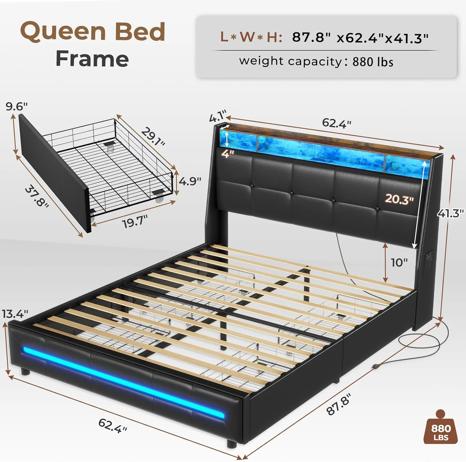 Queen Bed Frame with Storage Headboard and Drawers, Bed Frame with LED Light and Charging Station, Wooden Slats, PU Leather,No Box Spring Needed