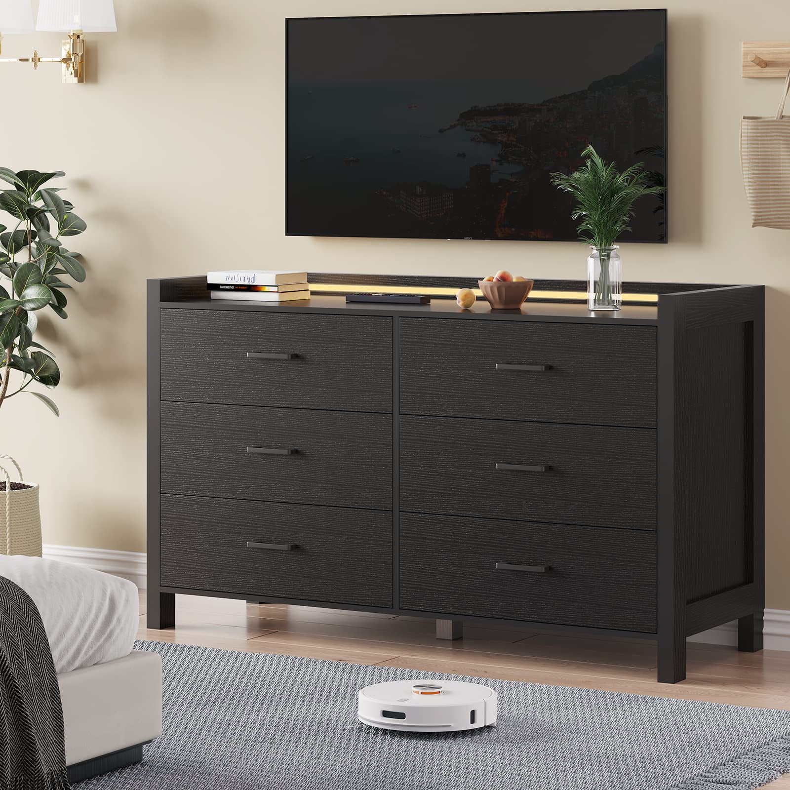 6 Drawer Double Dresser with LED Lights, Large Wooden Storage Cabinet,Drawer Dresser for Bedroom, Hallway, Entryway,Black