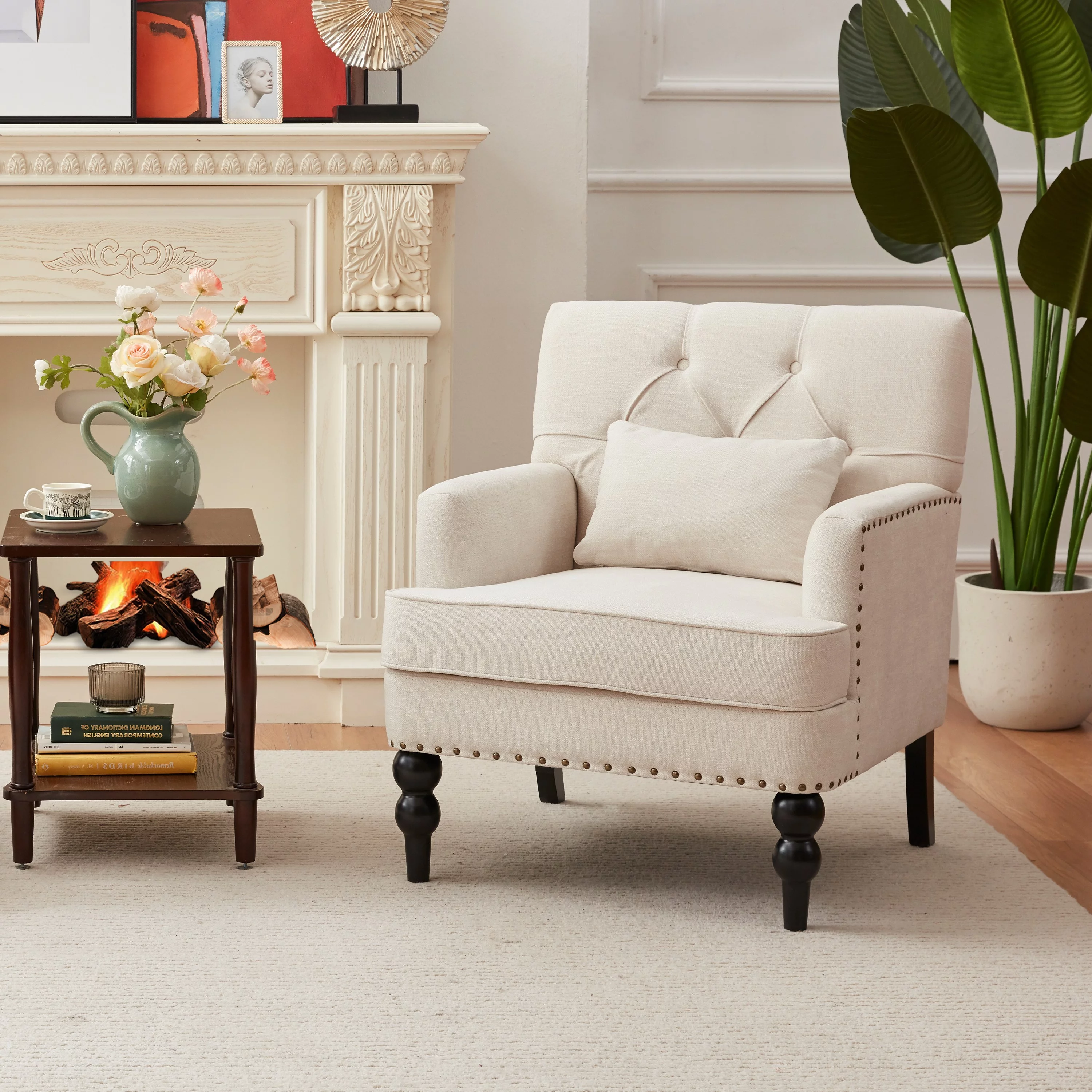 HUIMO Arm Chair with Ottoman,Upholstered Button Tufted Accent Chair,Linen Fabric Sofa Reading Chairs for Living Room, for Bedroom(Beige)