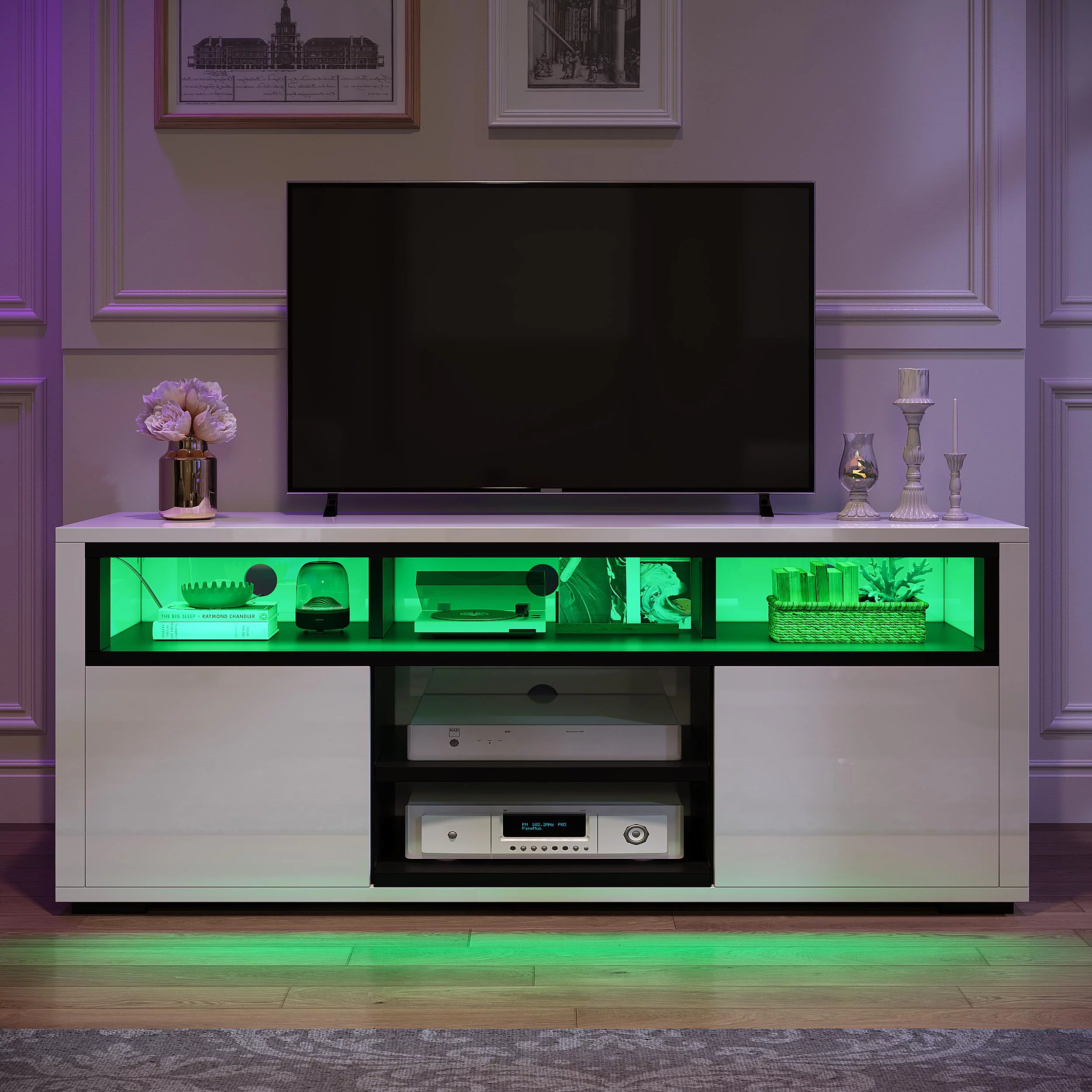 Dextrus High Gloss TV Stand with LED Ambient Lights, Modern TV Stand with Open Shelf Storage Cabinet for 62 inch TV, White