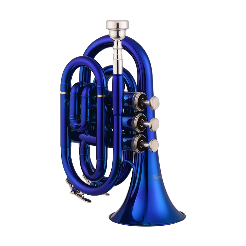 Muslady Mini Pocket Trumpet Bb Flat Brass Material Wind Instrument with Mouthpiece Gloves Cleaning Cloth Carrying Case