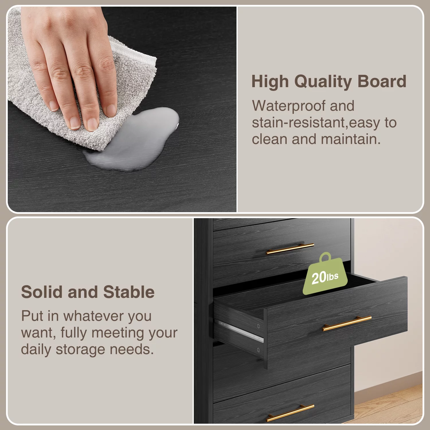 Lofka 5 Drawer Dresser, Tall Wood Dresser,Black