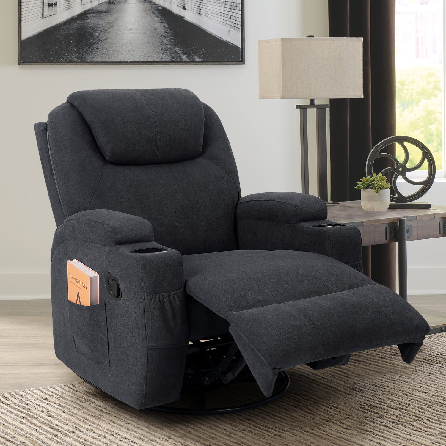 Lacoo massage chair with huge headrest and thick armrests, fabric,grey