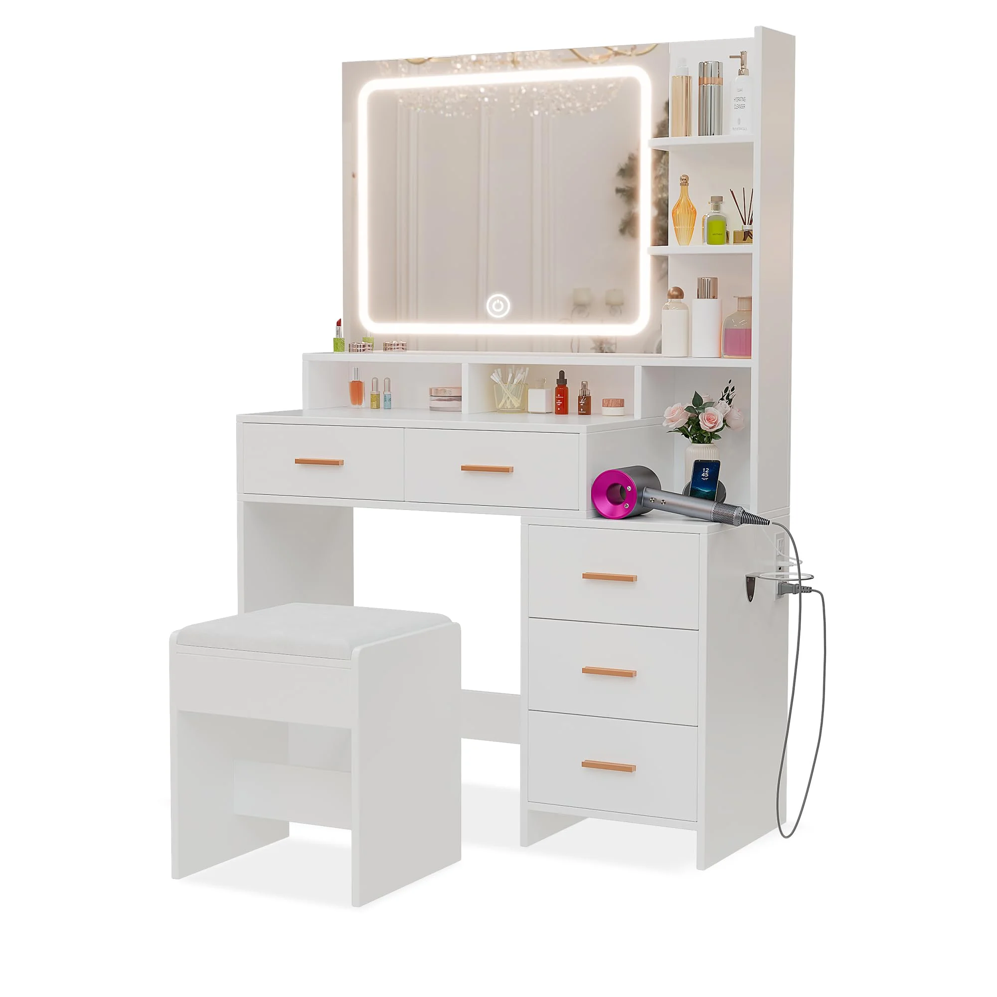 Vanity Desk with LED Lighted Mirror & Charging Station,Modern Vanity Makeup Table with 5 Drawers & Storage Shelves & Chair,3 Color Lighting Modes with Adjustable Brightness, for Bedroom (White)