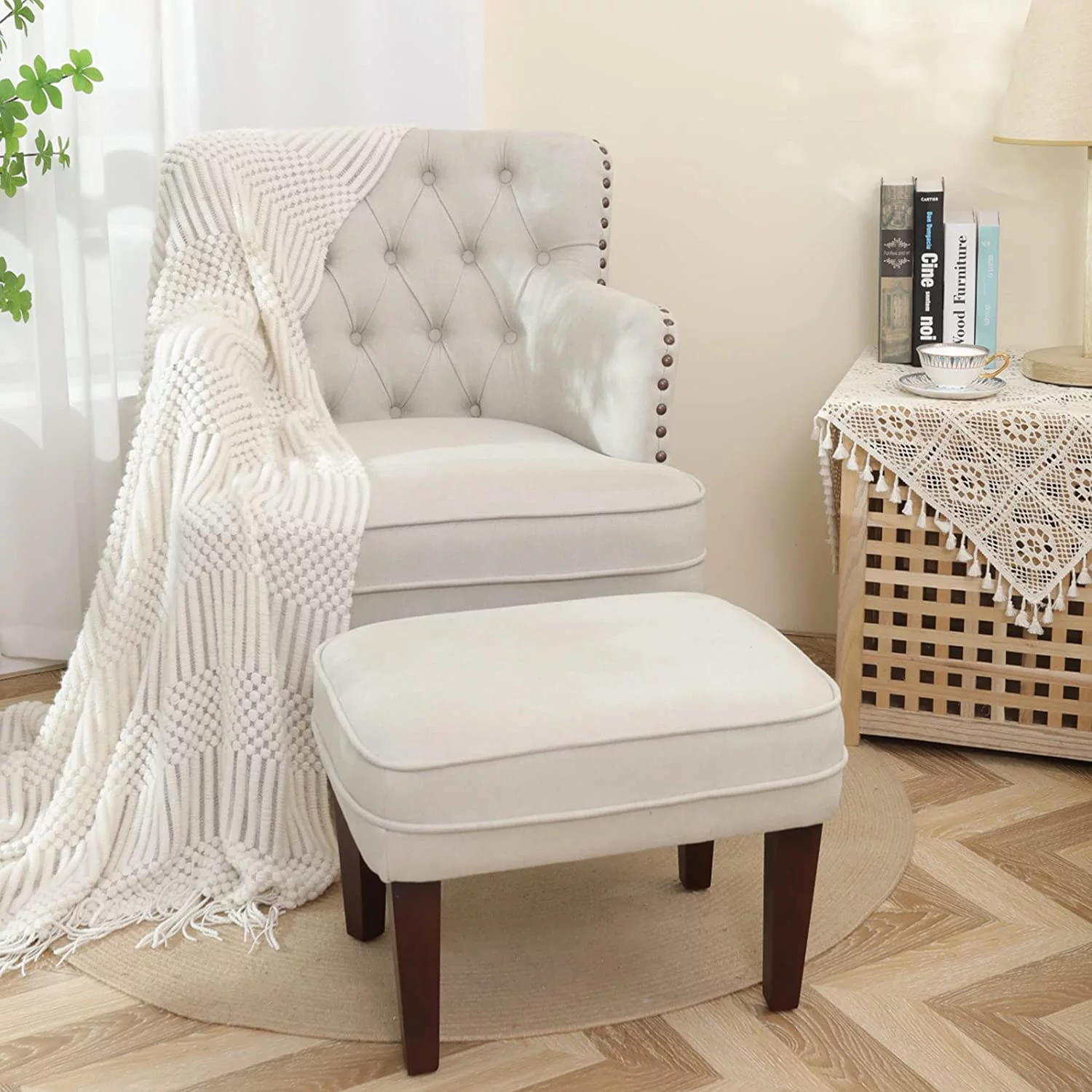 Accent Chair with Ottoman, Button Tufted Armchair for Bedroom Living Room(Beige)