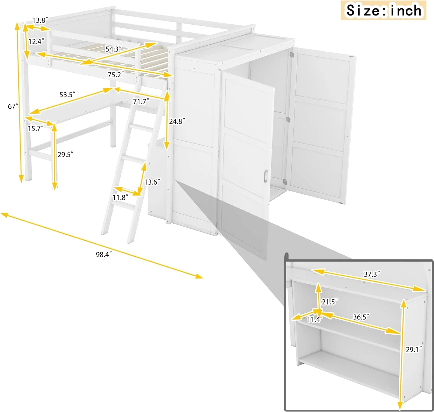 Full Size Loft Bed With Desk, Woode Full Loft Bed Frame With Shelves Ad Wardrobe, White