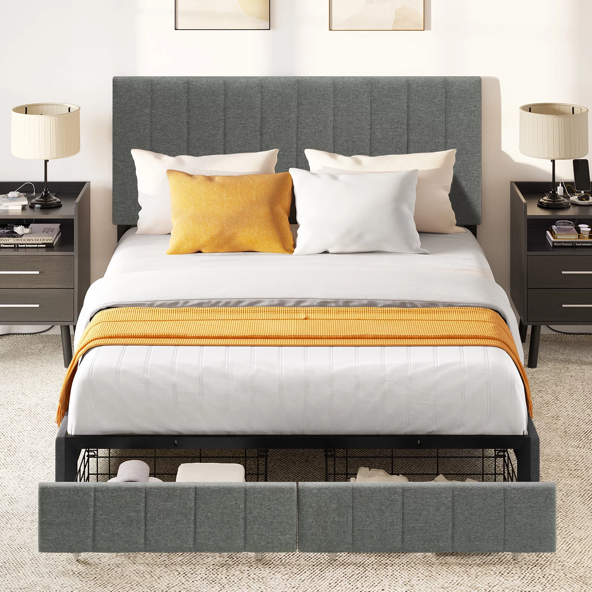 Dextrus Queen Size Bed Frame, Platform Bed with Storage Drawers, Upholstered Bed with Headboard and Strong Wood Slats Support, No Box Spring Needed, Grey