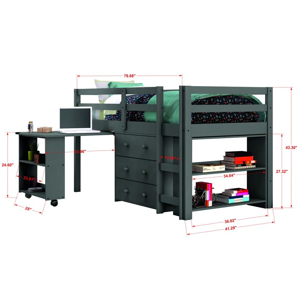 Donco Kids Twin Low Study Loft with Desk, Chest & Bookcase - Dark Grey