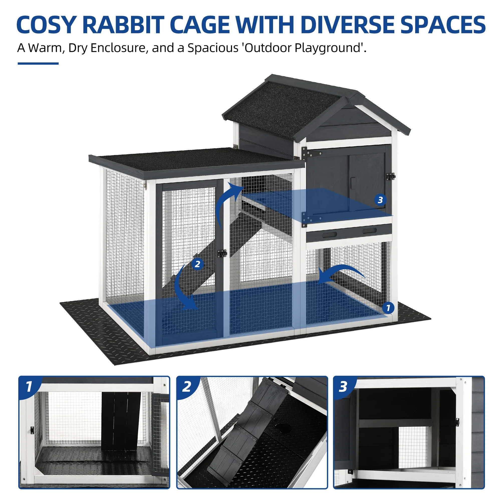 Dextrus Wooden Rabbit Hutch Bunny Cage Guinea Pig House with Waterproof Roof, PVC Mat, Pull-Out Tray - Black