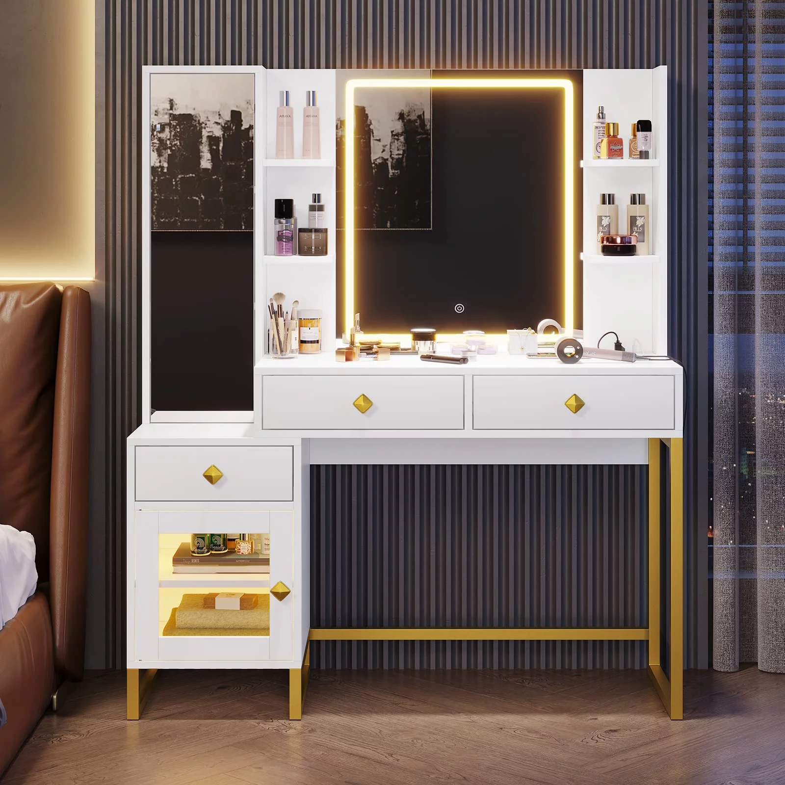 Makeup Vanity Desk with Lighted LED Mirror & Charging Station, Large LED Vanity Desk Dressing Table with 3 Drawers&RGB Cabinet&Nightstand for Women Girls, White&Gold