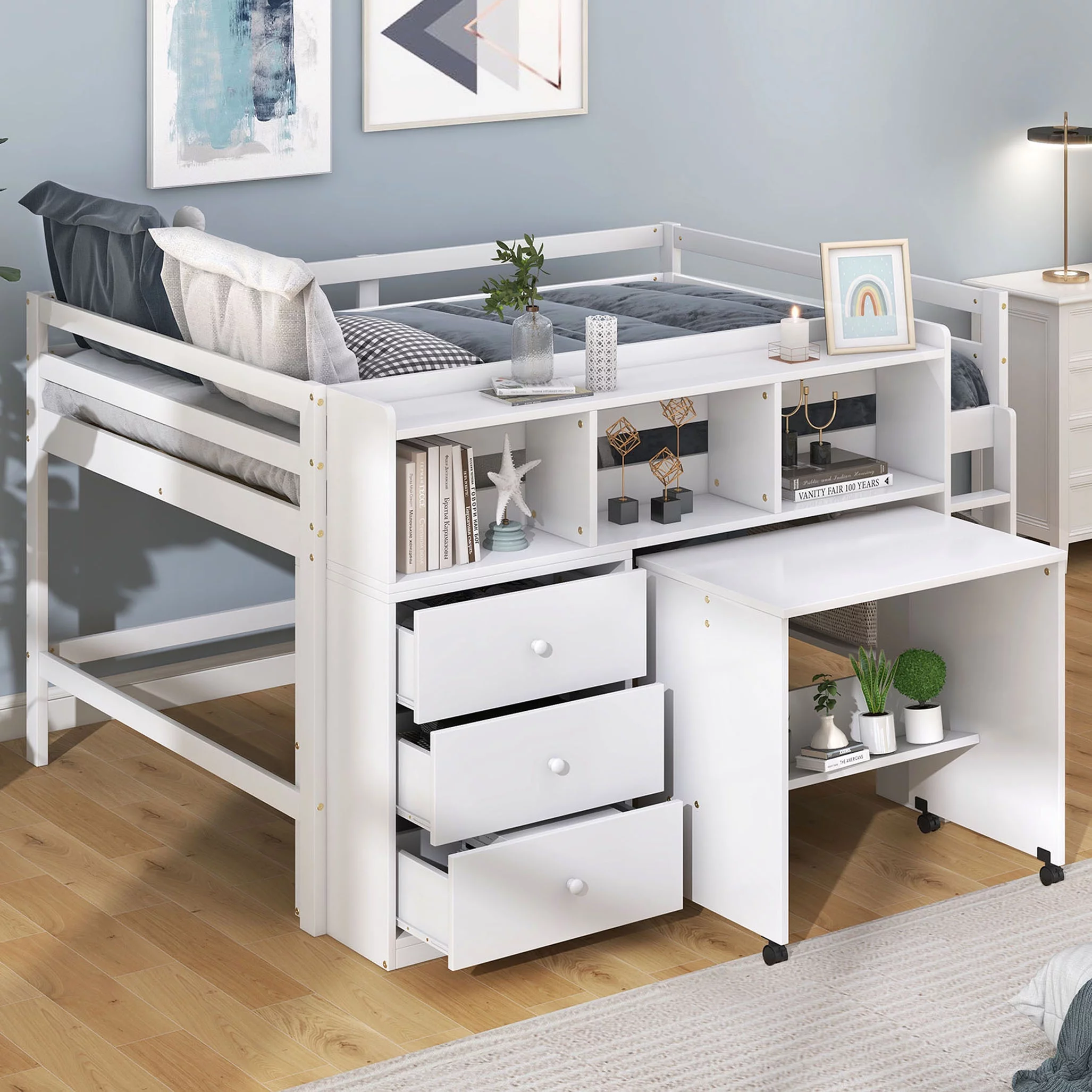 Bellemave Full Size Wood Low Loft Bed with Rolling Portable Desk, and Drawers,Kids Loft Bed With Storage Shelves,No Box Spring Needed(White)