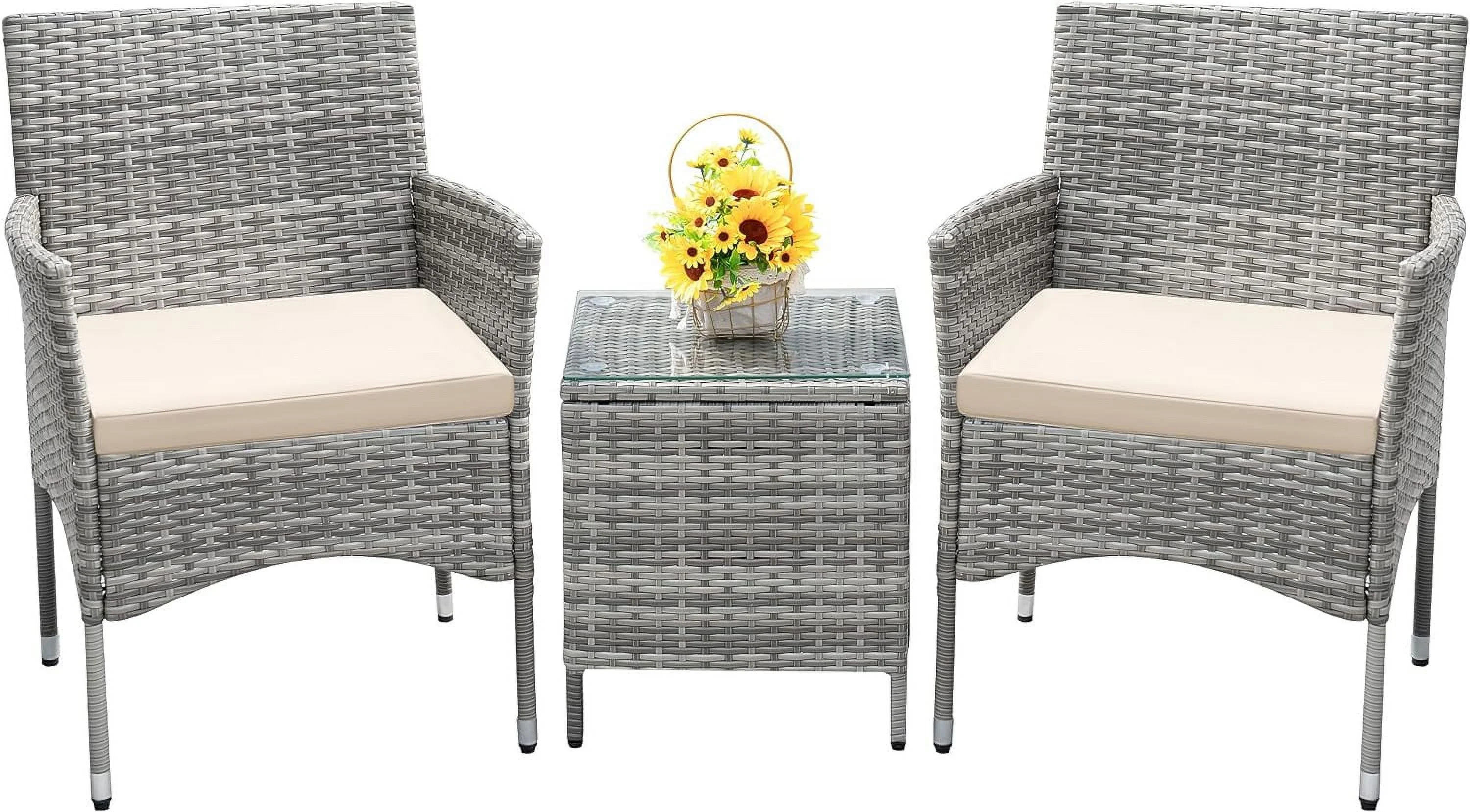3 Pieces Patio Furniture Sets Clearance PE Rattan Wicker Chairs with Table Outdoor Garden Porch Furniture Sets (Light Grey)