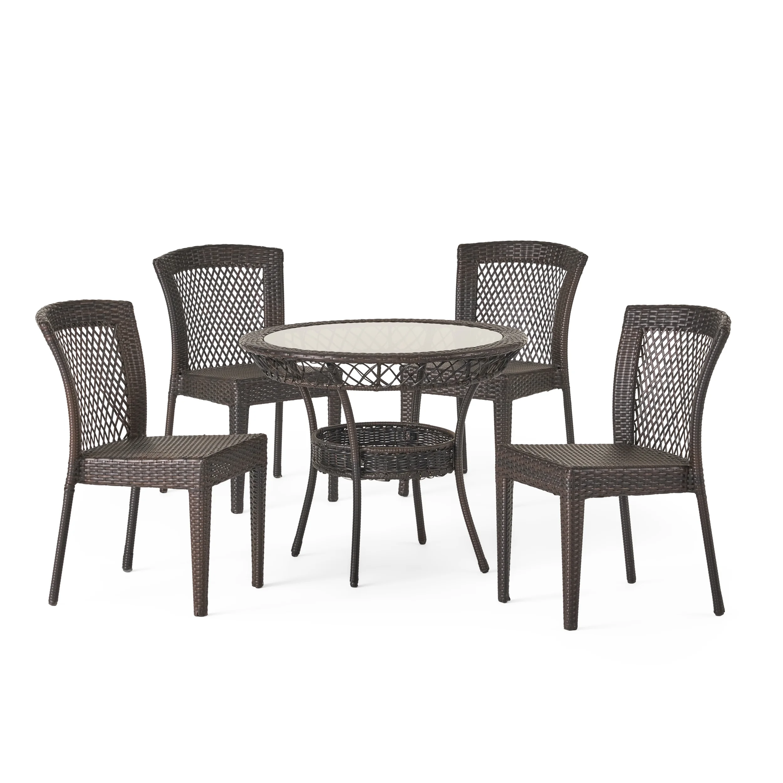 Cisneros 5-Piece Outdoor Round Glass Top Wicker Dining Set, Multi-Brown