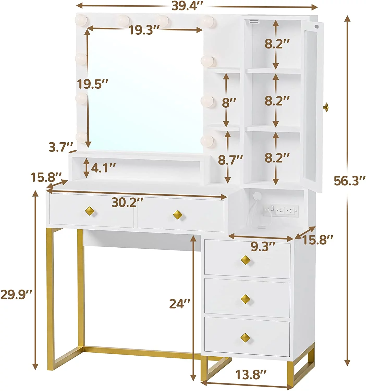 Makeup Vanity with Lights, Vanity Table with Charging Station，Mirror,Makeup Table with with 5 Drawers and Storage Shelves, White
