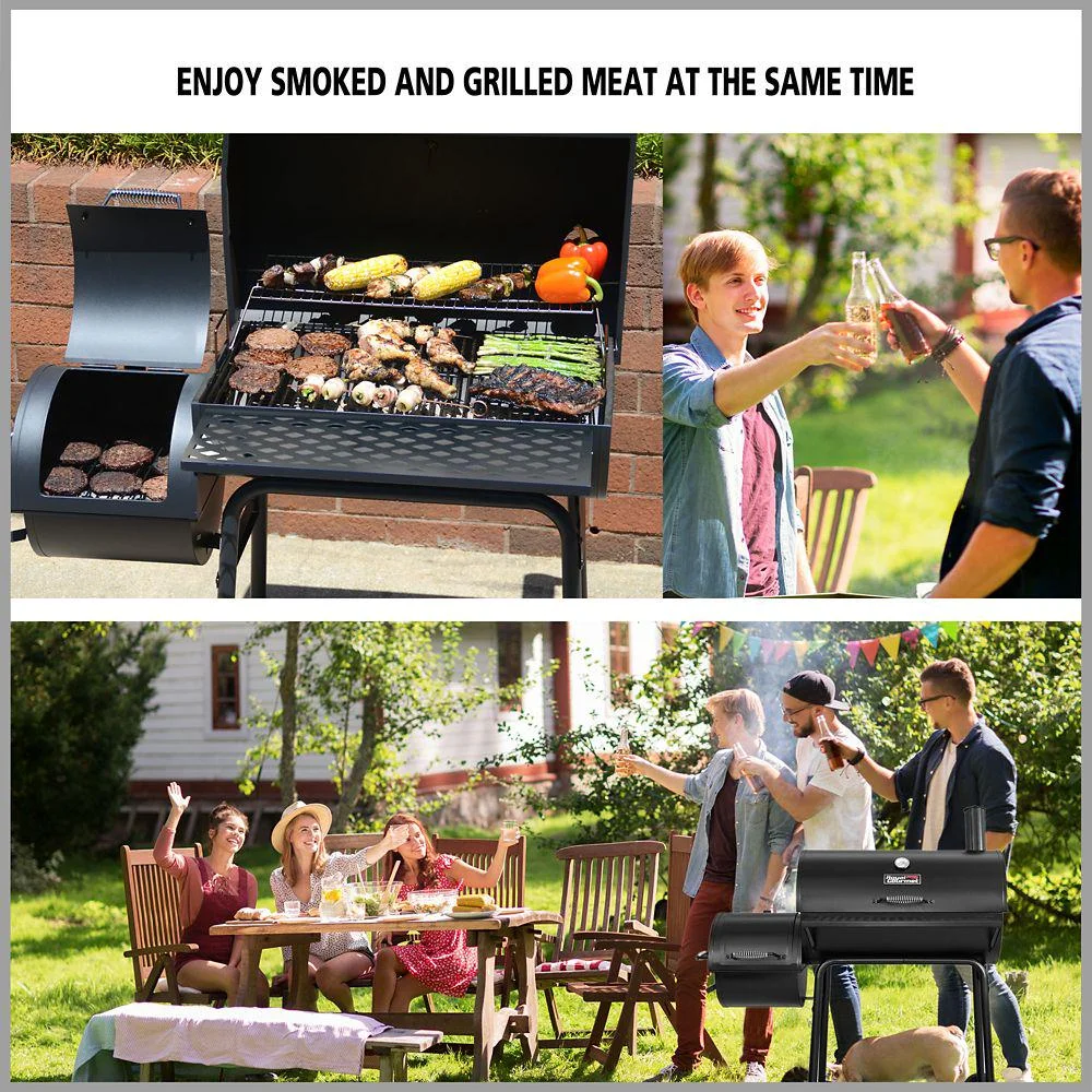 Royal Gourmet Charcoal Barrel Grill with Offset Smoker, Front and Bottom Shelves, 811 sq. in., Backyard Cooking, Black, CC1830F