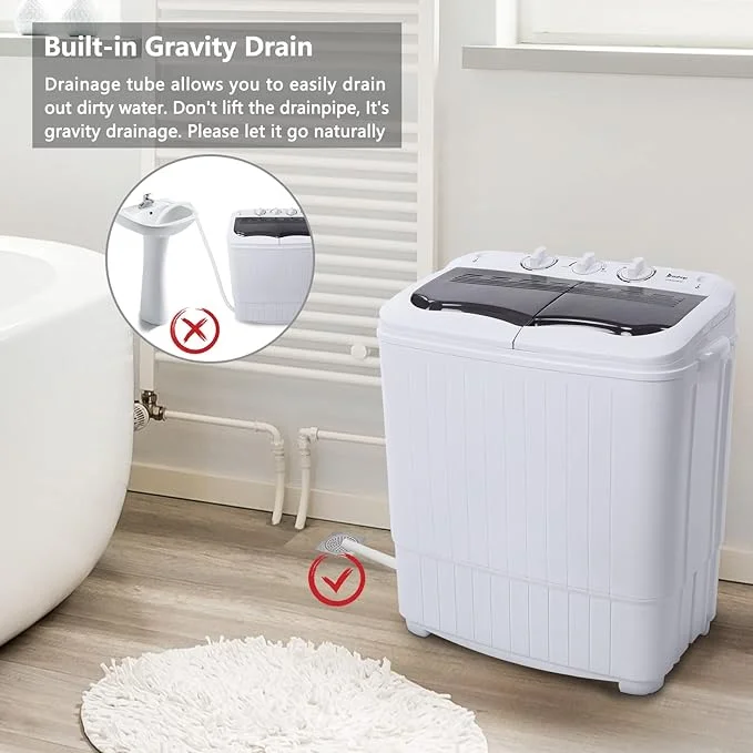 Compact Portable Washing Machine, Mini Compact Twin Tub with Built-in Drain Pump Washer 14.3Lbs Semi-automatic Spain Spinner Portable Washer for Camping, Apartments, Dorms, College Rooms, Grey