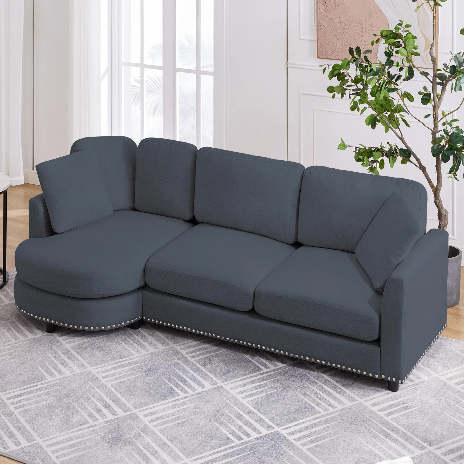 ZAFLY 3 Seater Sofa Couch, L Shaped Couch with Chaise, Curved Couches for Living Room - Dark Grey