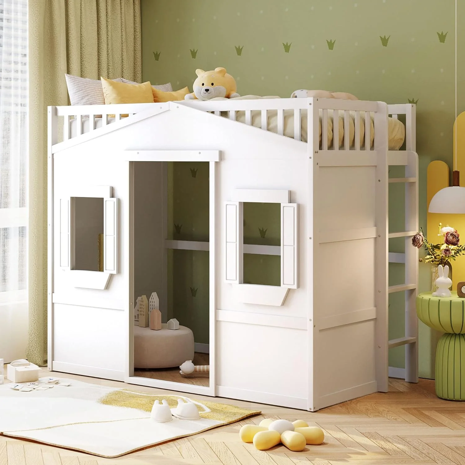 Size House Loft Bed For Kids, Wood High Loft Bed Frame With Side Ladder, 51.6